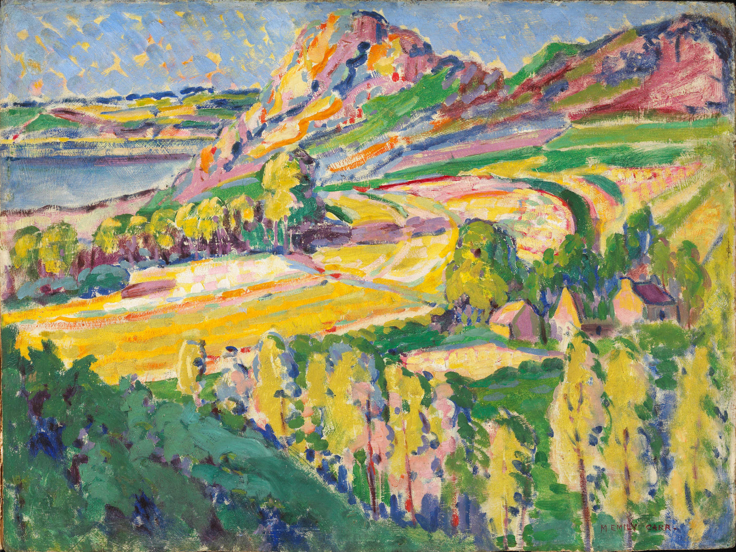 Cette image représente un paysage vibrant aux couleurs éclatantes. On y voit des collines aux formes ondulées, baignées de lumière, avec une diversité de teintes jaunes, vertes et violettes. En bas de l'image, des arbres aux feuilles dorées et quelques petites structures, semblant être des habitations, se mêlent harmonieusement à la nature environnante. L'atmosphère évoque un sentiment de tranquillité et de joie, typique d'un style artistique impressionniste ou fauviste.