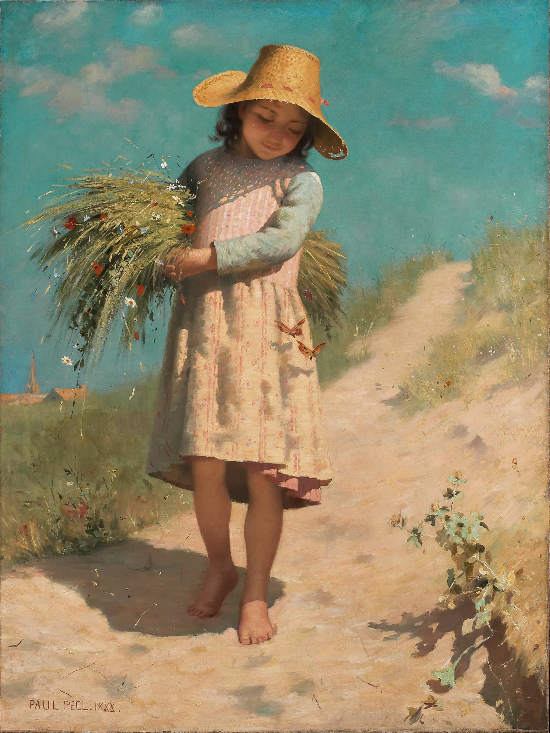 L'image représente une jeune fille marchant sur un chemin ensoleillé. Elle porte une robe à motifs délicats et un grand chapeau de paille. Dans ses bras, elle tient un bouquet de fleurs et d'herbes. L'expression de son visage est douce et contemplative. Le décor est idyllique, avec des collines verdoyantes et un ciel bleu, créant une atmosphère paisible et joyeuse.