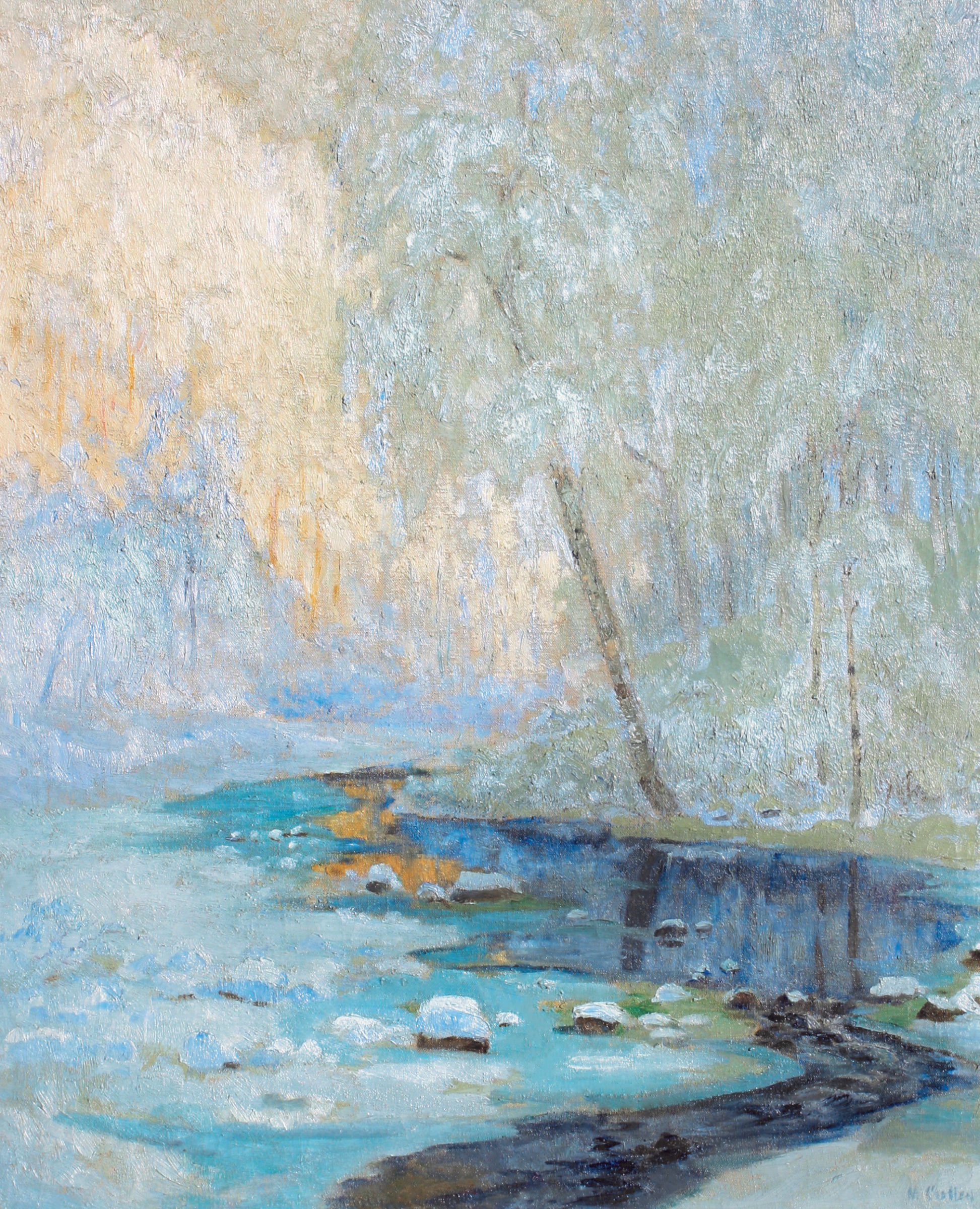 L'image montre un paysage hivernal serein, avec des arbres ornés de neige qui se reflètent sur une rivière calme. Les teintes dominantes sont des nuances de bleu et de blanc, créant une atmosphère douce et apaisante. La lumière semble filtrer à travers les arbres, ajoutant des touches de chaleur, tandis que la surface de l'eau présente un contraste intéressant avec les zones de neige. C'est une représentation poétique de la nature en hiver.