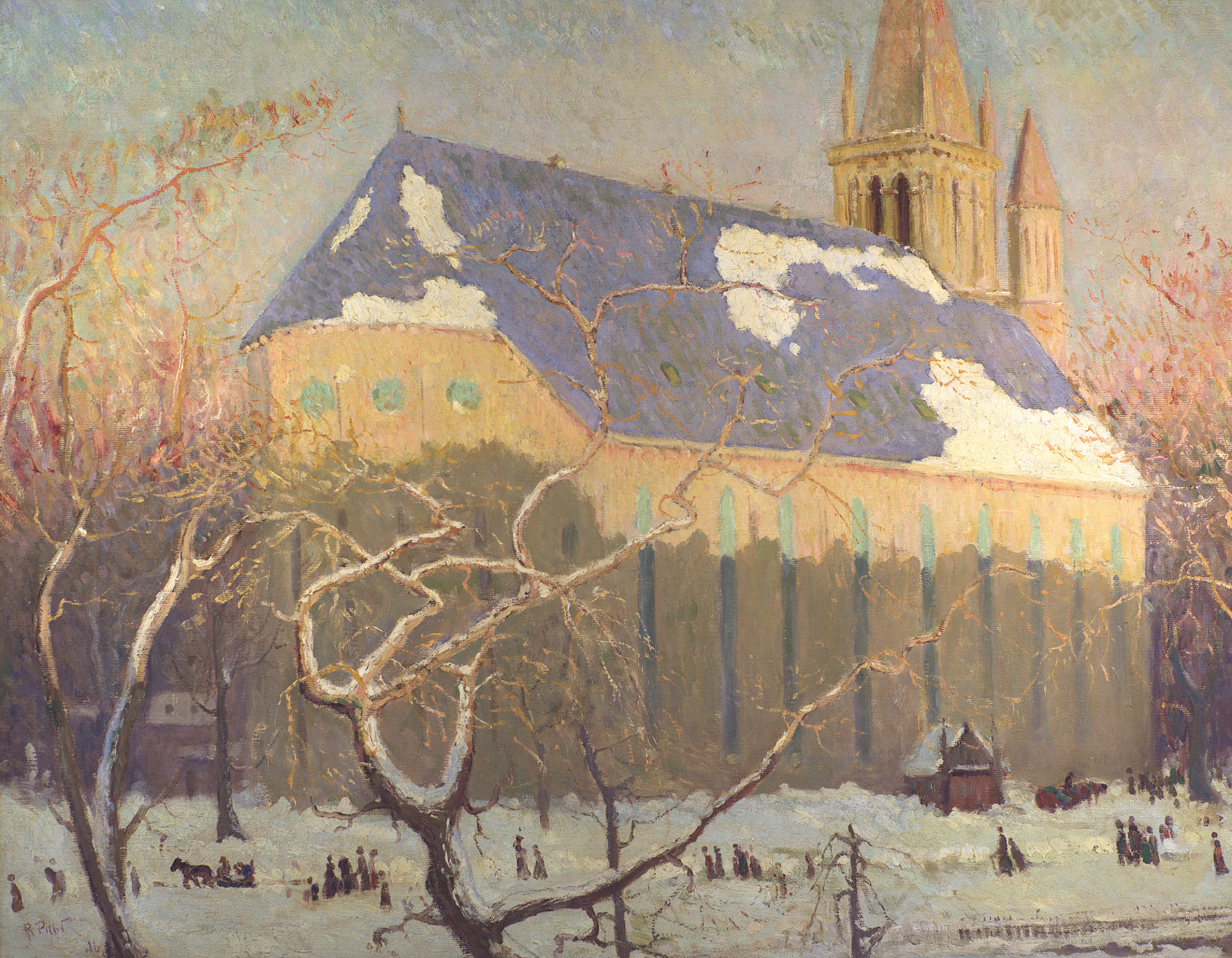 L'image représente un paysage hivernal avec une église majestueuse au centre. Le bâtiment, aux murs clairs et au toit bleu, est entouré de neige. Des traces de neige se trouvent sur le toit et sur le sol, tandis que des arbres dénudés aux branches tordues ajoutent à l'atmosphère froide de la scène. Au premier plan, on aperçoit des personnes qui marchent, probablement des promeneurs, donnant une vie tranquille à ce paysage. La lumière douce et diffuse évoque une ambiance paisible, caractéristique des jours d'hiver.
