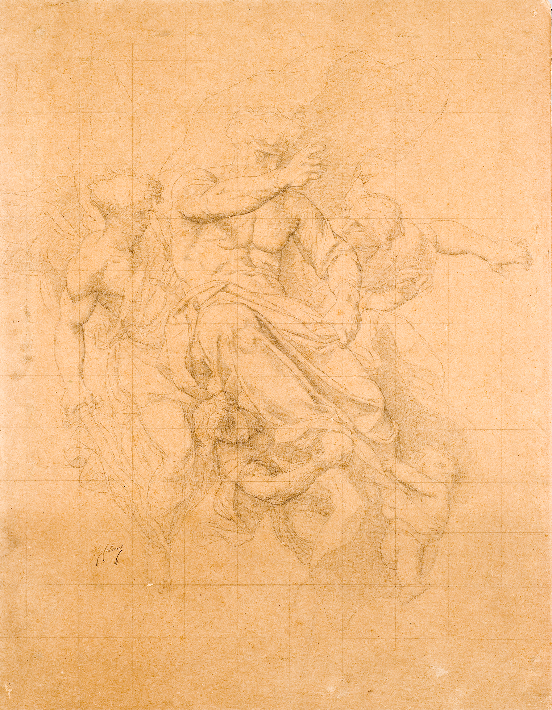 L'image semble représenter un dessin au trait sur papier beige, probablement une étude ou une esquisse. On y voit des figures humaines, dont certaines sont partiellement visibles, tandis qu'une figure centrale est mise en avant, les bras levés. Les personnages sont représentés avec des drapés élégants, ce qui suggère un mouvement dynamique. L'ensemble donne une impression de fluidité et d'expressivité, typique des œuvres de la Renaissance. Les contours sont légèrement flous, ajoutant à la qualité artistique du dessin.