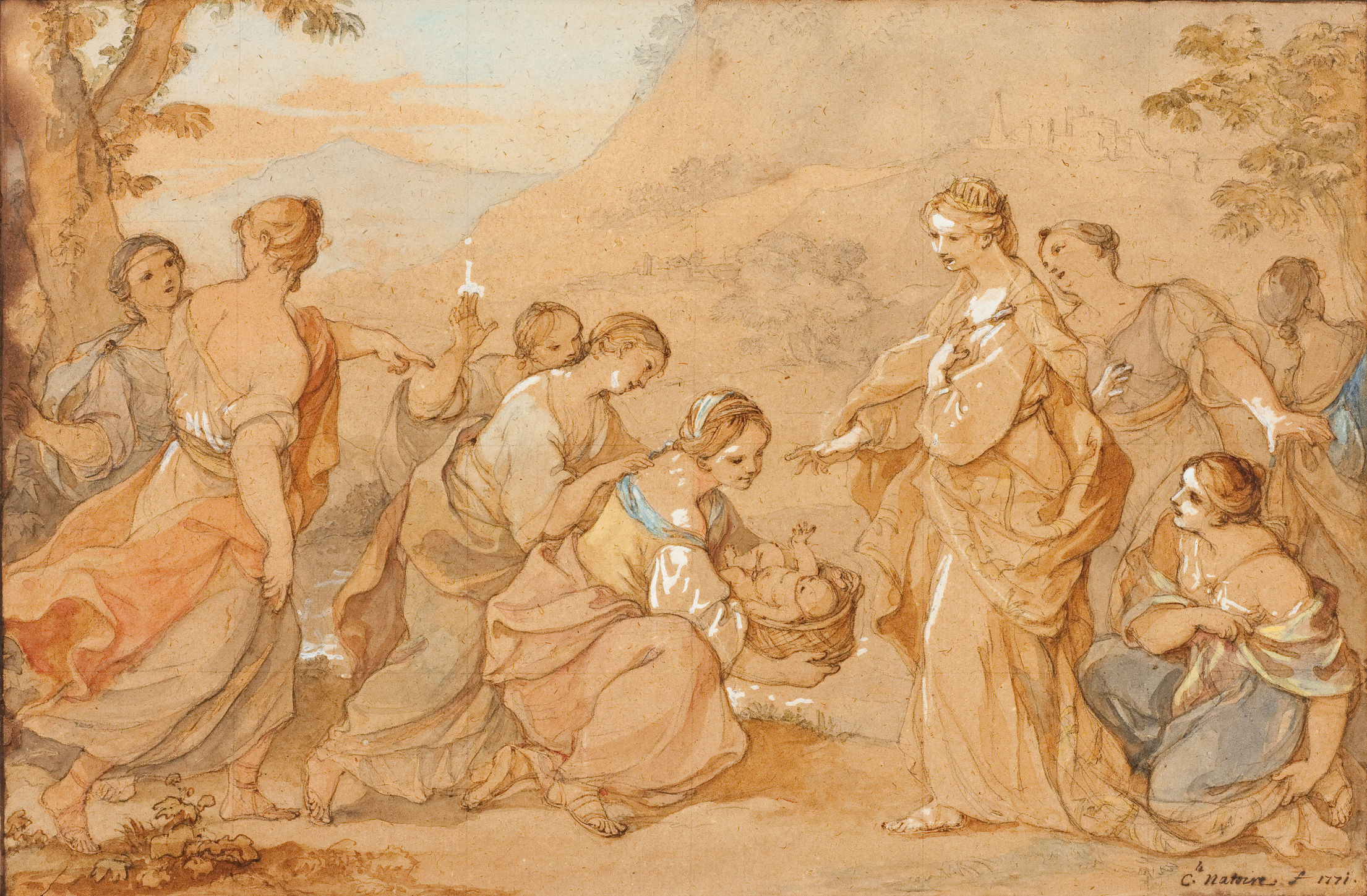 L'image représente une scène figée où plusieurs femmes, vêtues de drapés aux couleurs douces, sont placées dans un paysage apaisant. Au centre, l'une des femmes tient un bébé. Les autres femmes semblent interagir entre elles, certaines pointant du doigt, comme si elles discutaient ou se disputaient un point. L'ambiance est à la fois tendre et dynamique, mettant en avant des expressions variées et des gestes expressifs. En arrière-plan, un paysage montagneux et une ville lointaine ajoutent une profondeur à la composition. L'œuvre dégage une sensation d'harmonie et de complicité féminine.