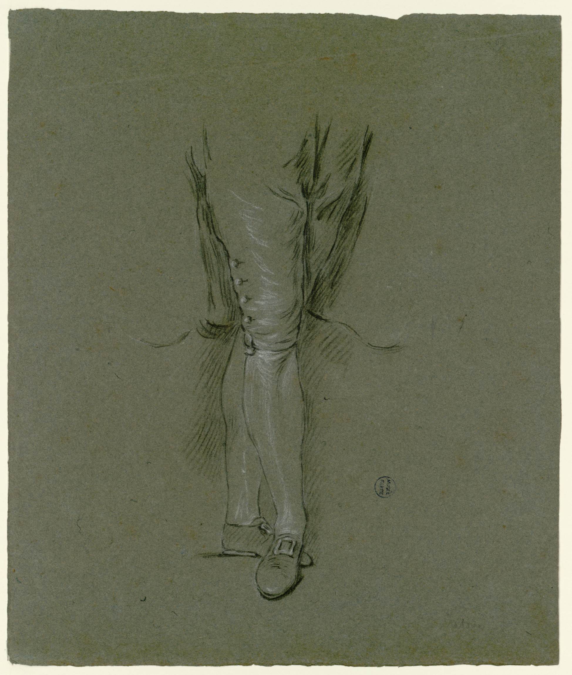 L'image montre un dessin représentant une jambe en position verticale, vêtue de bas et d'une chaussure. Le style est esquissé, avec des traits fins qui suggèrent la forme et le mouvement. Le fond est de couleur beige ou brune, mettant en valeur le dessin en noir et blanc. La composition est simple et se concentre principalement sur la jambe, laissant une impression d'élégance et de dynamisme.