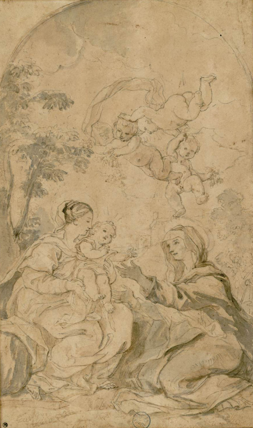 L'image représente une scène délicate et douce, où deux figures féminines sont assises, entourées de verdure. L'une d'elles tient un bébé dans ses bras, tandis que l'autre semble tendre la main vers eux. Au-dessus d'eux, des angelots volants ajoutent une touche céleste à la composition, créant une atmosphère de tendresse et de protectivité. Les traits sont esquissés avec élégance, et les contours sont adoucis, contribuant à une ambiance sereine et attendrissante.