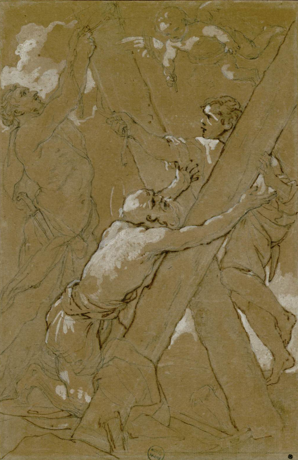 L'image représente un dessin classique en utilisant des tons clairs sur un fond beige. On y voit plusieurs figures humaines, dont deux semblent soulever ou soutenir une grande structure en bois. Leur posture exprime un effort physique intense, tandis qu'une figure céleste ou divine est visible au-dessus d'eux, ajoutant une dimension spirituelle à la scène. Les contours sont délicats, avec des détails qui mettent en valeur les muscles et les drapés des personnages, créant une atmosphère dynamique et expressive.