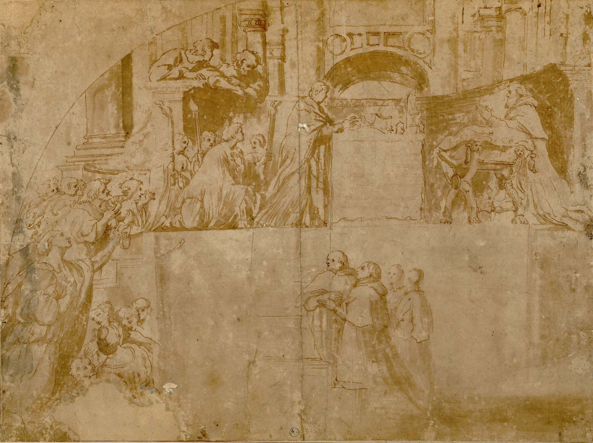 Cette image semble représenter une scène religieuse ou historique, probablement une fresque ou un dessin ancien. On y voit une composition avec plusieurs figures humaines, vraisemblablement des personnages nantis de transparents drapés. Certains semblent interagir, tandis que d'autres observent. Au fond, on aperçoit des bâtiments avec des arches, suggérant un cadre architectural élaboré. La lumière et l'ombre sont utilisées pour créer du relief, et le style apparaît comme étant influencé par la Renaissance, avec une attention portée aux détails anatomiques et aux poses des personnages. L'atmosphère de l'image évoque une grande solennité.