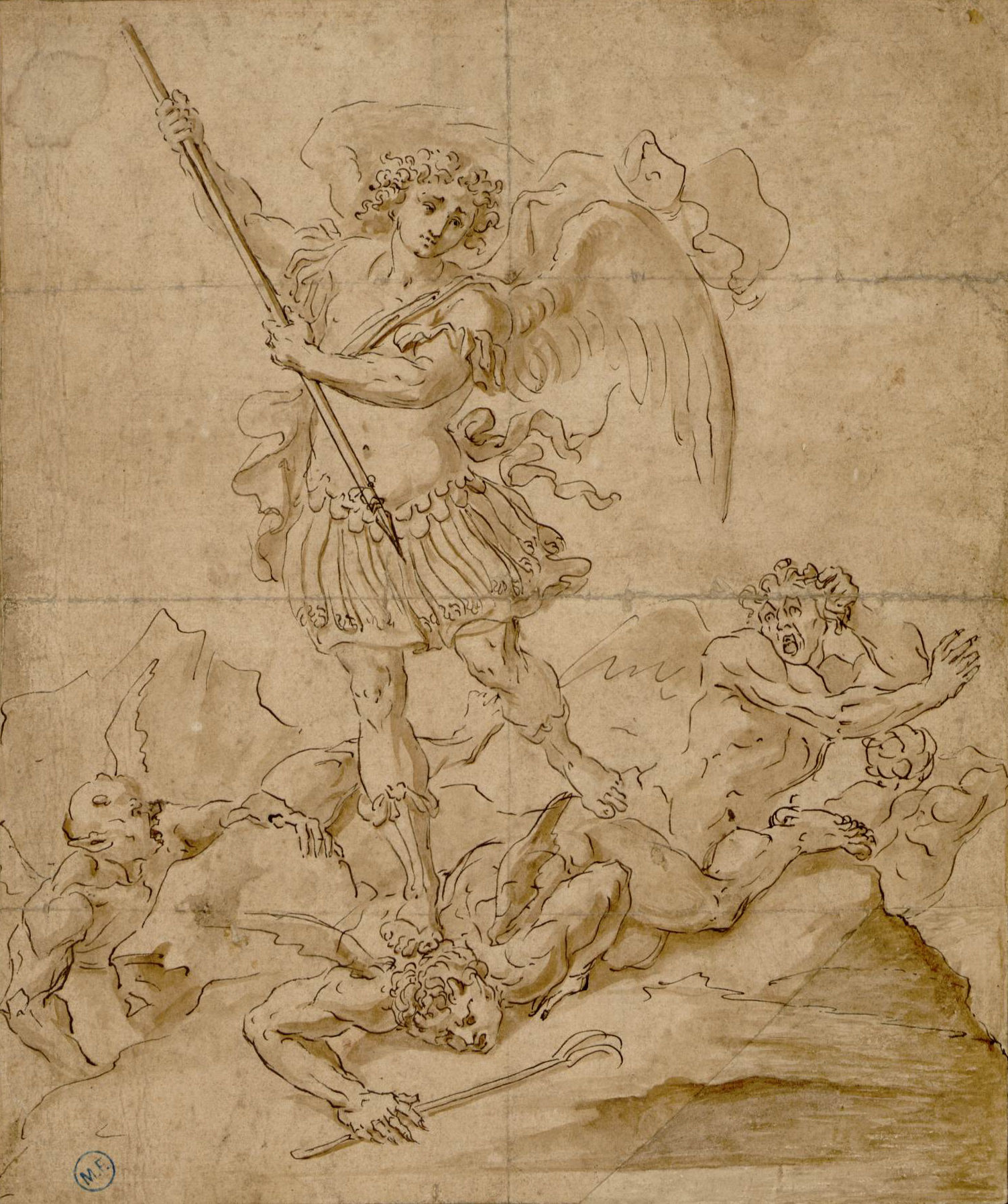 L'image représente une scène dynamique où un personnage ailé, symbolisant un archange, est en train de triompher sur des figures plus sombres, probablement des démones ou des forces du mal. L'archange, armé d'une lance ou d'un bâton, semble malmener ses adversaires, qui expriment la peur ou la soumission. Les lignes du dessin sont fluides, et l'ensemble dégage une impression de puissance et de lutte entre le bien et le mal. Le fond est sobre, mettant en avant les détails des figures grâce à un jeu d'ombres et de lumières.