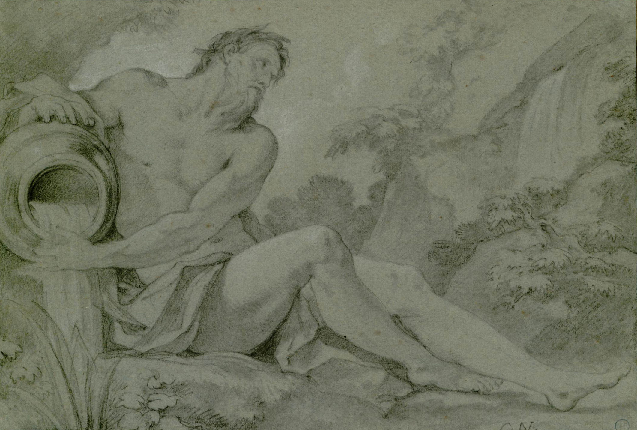 L'image représente un homme nu, assis sur un rocher, en train de verser de l'eau d'une jarre. Son corps est musclé et il est tourné légèrement sur le côté, avec un air pensif. Le décor naturel en arrière-plan comprend des arbres et des rochers, créant une ambiance calme et tranquille. Les lignes et les ombres de l'œuvre suggèrent un style classique, peut-être inspiré par l'art de la Renaissance ou du Baroque. La composition met l'accent sur la forme humaine et l'interaction avec l'élément de l'eau.