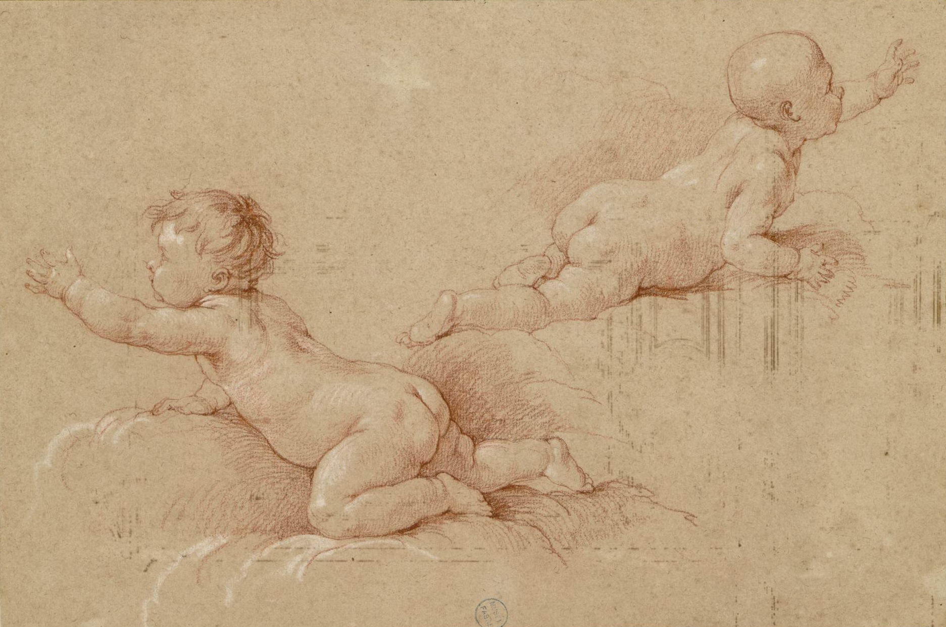 L'image représente deux bébés nus, allongés sur des nuages. Le premier bébé, à gauche, a des cheveux ondulés et est légèrement tourné vers le côté, tandis que le second, à droite, est entièrement étendu, la tête penchée en avant et les bras tendus. Les contours doux et l'utilisation du rouge sur un fond beige donnent un aspect délicat et charmant à la scène. L'ensemble évoque une atmosphère de tendresse et d'innocence.