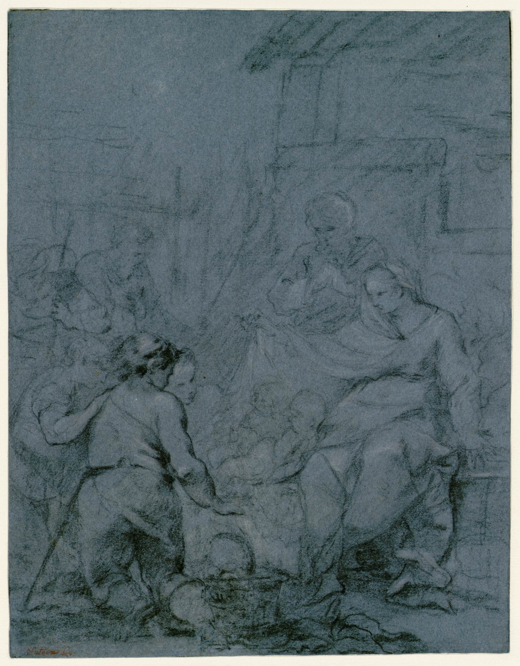 L'image représente une scène intimiste, probablement religieuse, avec plusieurs personnages autour d'une figure centrale. Des figures sont représentées en position de prière ou d'attention, tandis qu'un groupe semble s'approcher de l'autre figure qui semble détenir un enfant. Le style est caractérisé par des esquisses légères, avec des nuances de bleu et des ombres suggestives, créant une atmosphère de profondeur et d'émotion. Les visages des personnages montrent des expressions de concentration et de dévotion.