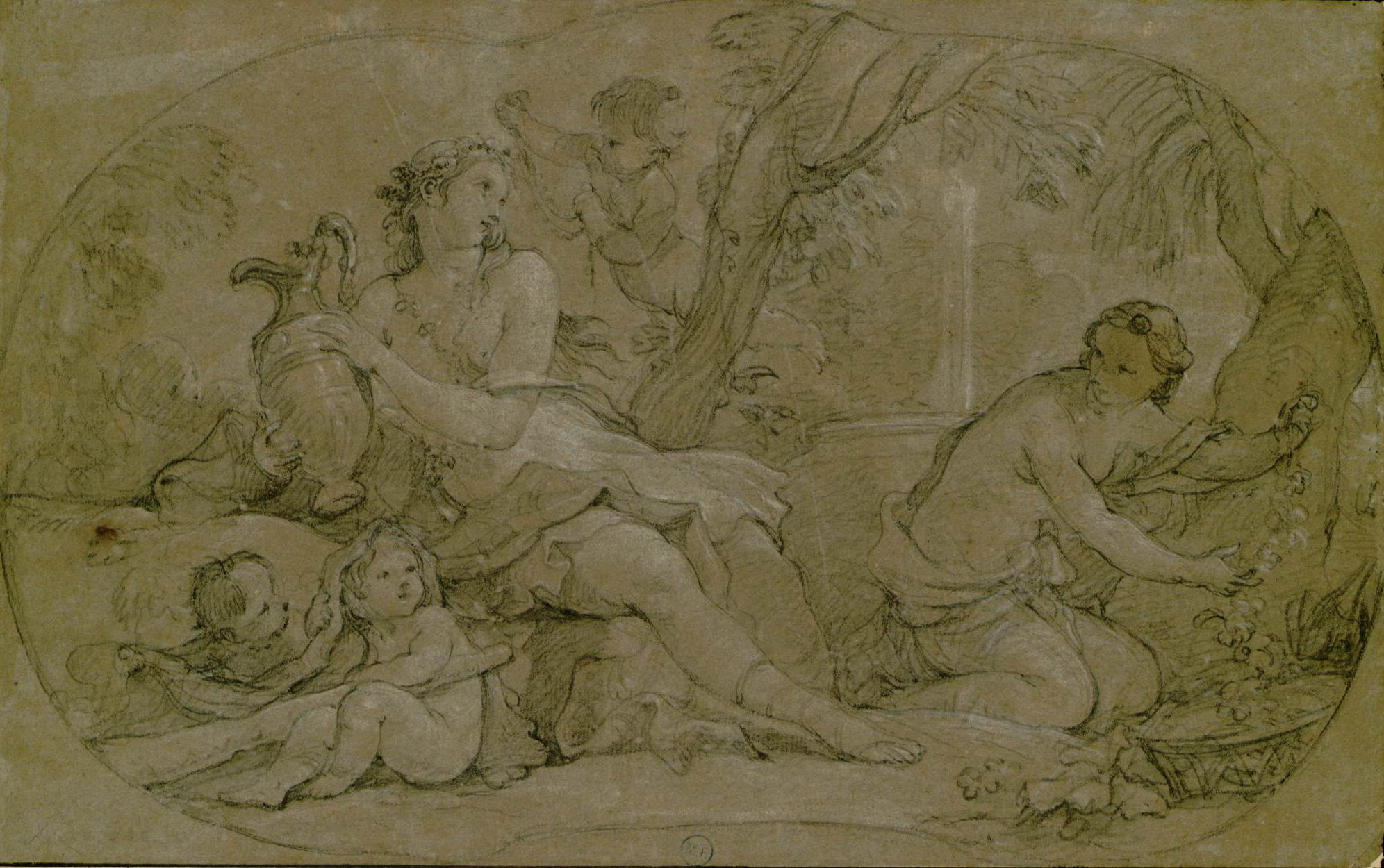 L'image semble représenter une scène mythologique ou pastorale. Au centre, on voit une femme, vraisemblablement une déesse, assise près d'un réceptacle. Elle est entourée de plusieurs enfants, dont certains semblent jouer ou interagir avec la nature. À droite, une autre figure féminine est en action, peut-être en train de cueillir des fleurs ou d'interagir avec son environnement. Les détails sont délicats, avec des traits finement esquissés, et l'ensemble évoque un sentiment de sérénité et d'harmonie avec la nature. Le fond est agrémenté d'arbres et d'éléments naturels, ajoutant à l'atmosphère paisible de la composition.