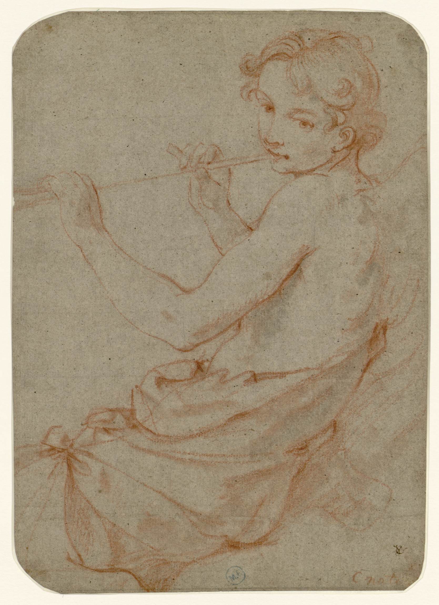 L'image montre un dessin de style artistique représentant une figure humaine. La personne est assise, de profil, et tient un instrument ou un bâton à la bouche, ce qui pourrait suggérer une activité musicale ou un moment de repos. Les traits sont esquissés avec une technique douce, utilisant des tons chauds. La posture de la personne est détendue, et le dessin dégage une certaine légèreté et fluidité. Les détails des cheveux et des vêtements ajoutent une touche de délicatesse à l'ensemble.