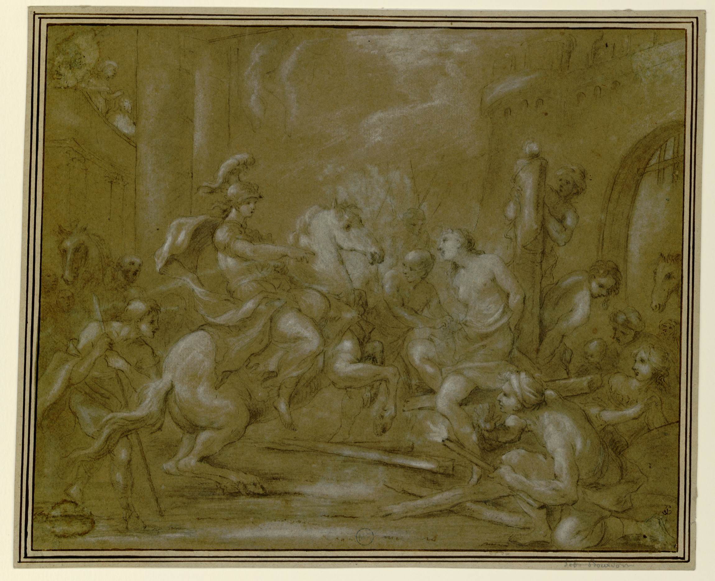 L'image présente une scène dynamique avec plusieurs personnages en action. Au premier plan, une figure cavalière semble mener une charge, symbolisant peut-être une bataille ou une confrontation. D'autres personnages entourent cette scène, certains à pied, tandis que d'autres semblent être en train de se battre ou de se préparer à l'affrontement. L'environnement est chargé de détails, notamment des bâtiments en arrière-plan, ce qui ajoute à l'intensité de l'ensemble. L'usage de tonalités claires et sombres renforce l'atmosphère dramatique de cette composition.