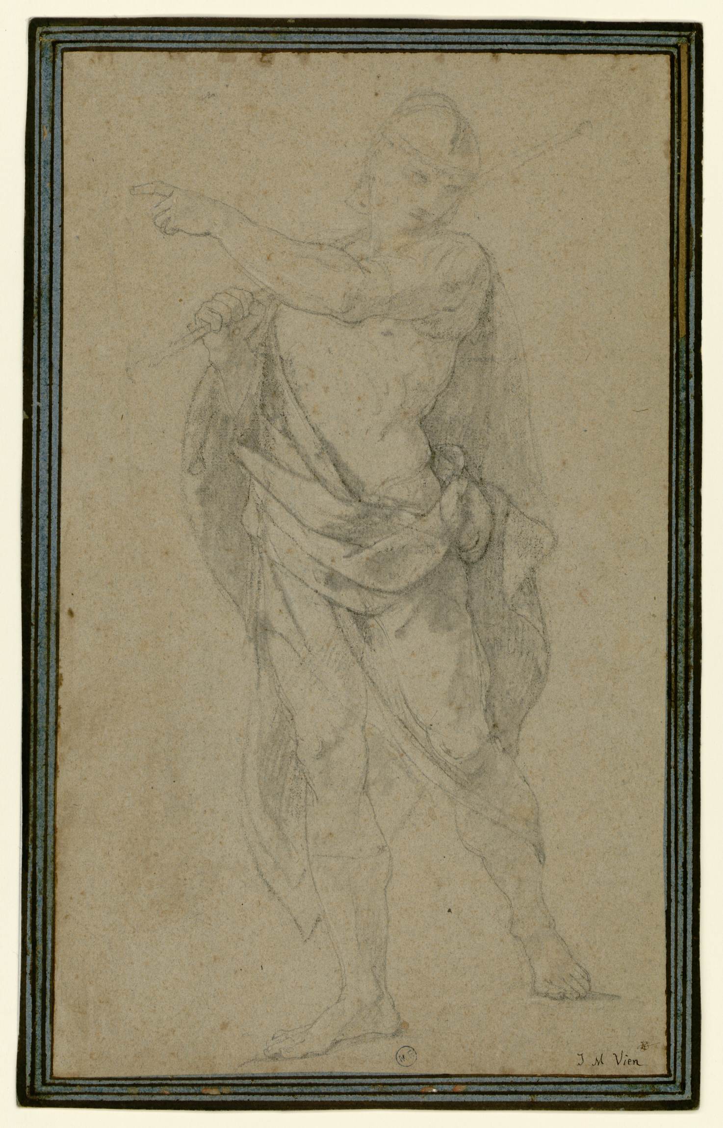 L'image représente un croquis d'une figure masculine debout, légèrement tournée sur le côté. Le personnage est nu, avec un drapé autour de la taille. Il lève un bras en avant, comme s'il pointait ou indiquait quelque chose. Ses traits sont esquissés avec précision, mettant en valeur une musculature bien définie. Le dessin utilise des lignes claires sur un fond beige, et il semble avoir une finition soignée dans les détails anatomiques.