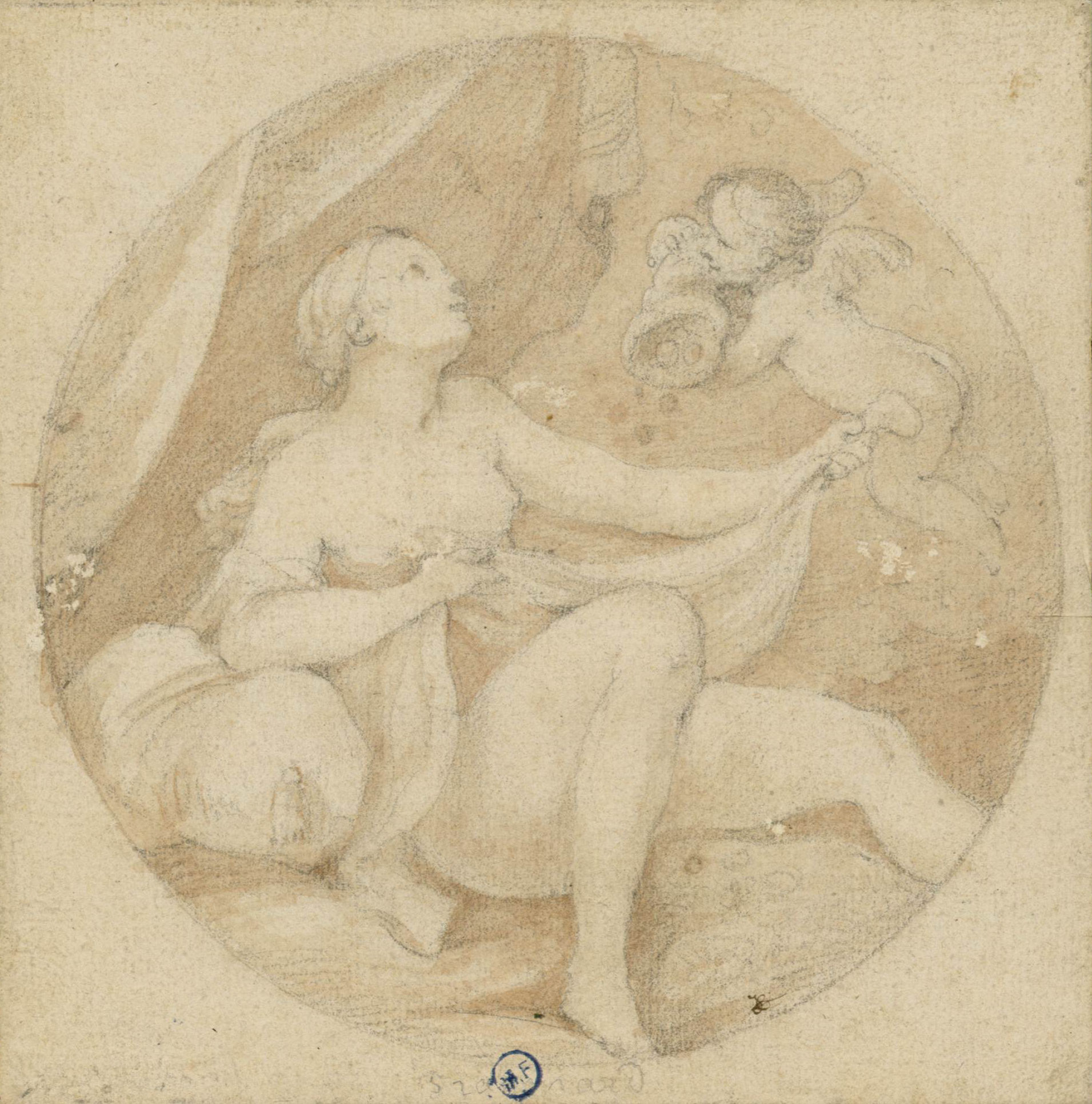 L'image représente une scène dans un style artistique doux et délicat. Au centre, une femme est illustrée, apparemment en train de se préparer ou de s'habiller, tenant un drapé qui couvre partiellement son corps. À côté d'elle, un petit ange ou une figure ailée interagit joyeusement, peut-être en lui offrant un objet ou en jouant. L'ensemble de la composition est rond, et les tons de l'image sont plutôt neutres et chaleureux, créant une ambiance intime et légère. Les détails et les expressions des personnages ajoutent à la richesse de la scène.