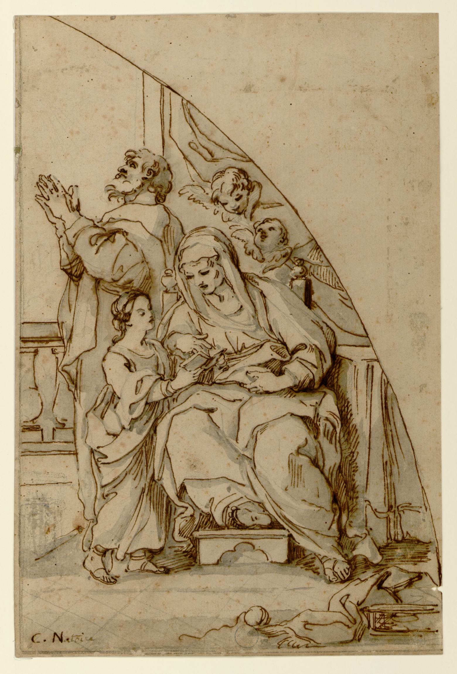 L'image représente une scène intimiste avec plusieurs personnages. Au centre, une femme assise tient un enfant dans ses bras, affichant une expression douce. À sa gauche, un jeune enfant semble s'approcher d'elle, tandis qu'à l'arrière-plan, deux figures semblent prier ou observer la scène avec dévotion. L'atmosphère est chaleureuse et sage, suggérant des thèmes de maternité et de protection. Les traits sont esquissés avec une technique dessinée à la plume, soulignant le contraste entre l'ombre et la lumière.