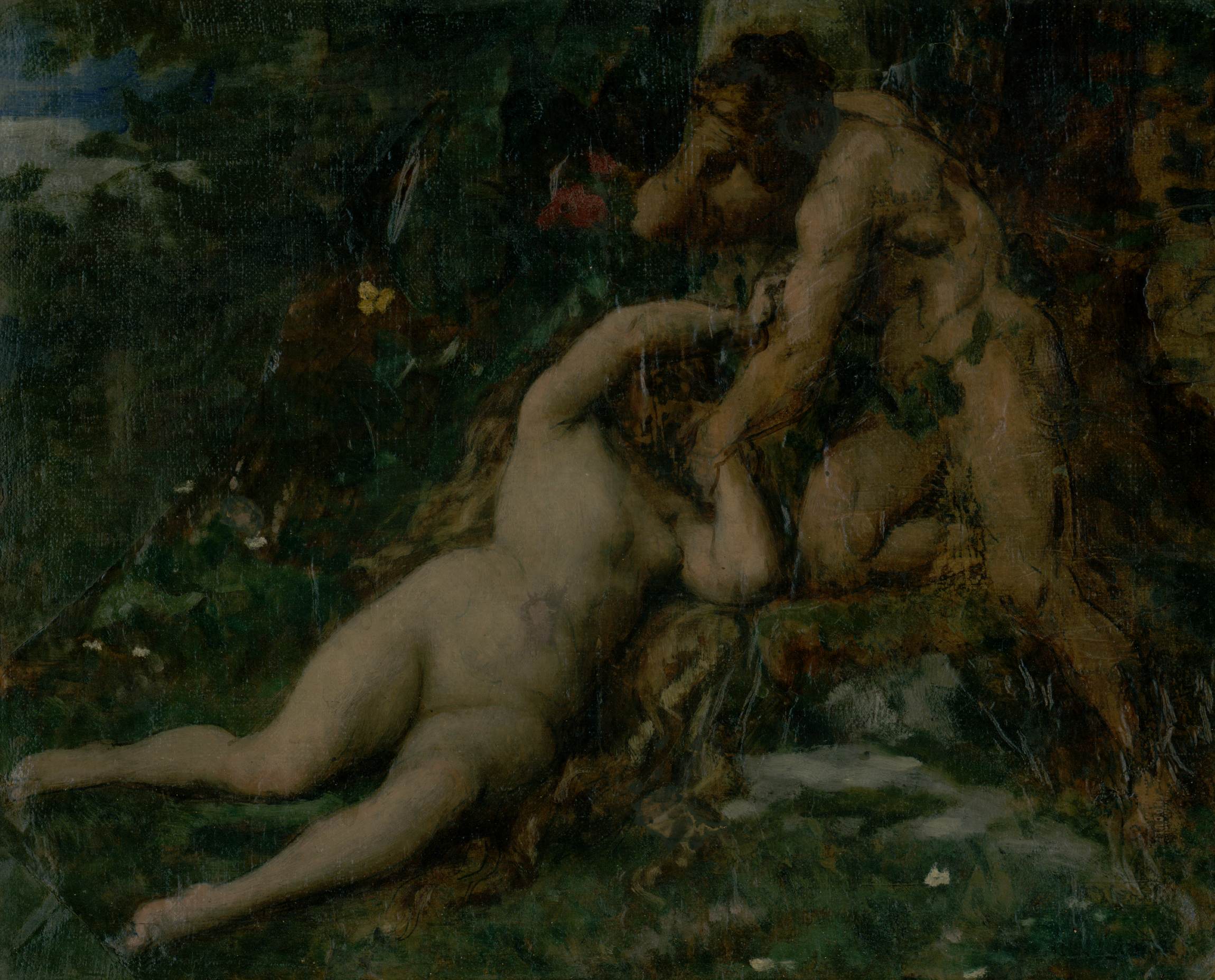 L'image représente une scène stylisée et sensuelle, mettant en avant deux figures humaines nues. L'une des figures, de sexe féminin, est allongée sur le sol, tandis que l'autre, de sexe masculin, se penche vers elle dans un geste d'intimité. La composition est riche en couleurs sombres et en textures, avec des éléments de la nature environnante, comme des feuilles et des fleurs, qui ajoutent à l'ambiance de la scène. Les corps sont représentés de manière naturelle et expressive, évoquant une connexion entre les personnages.