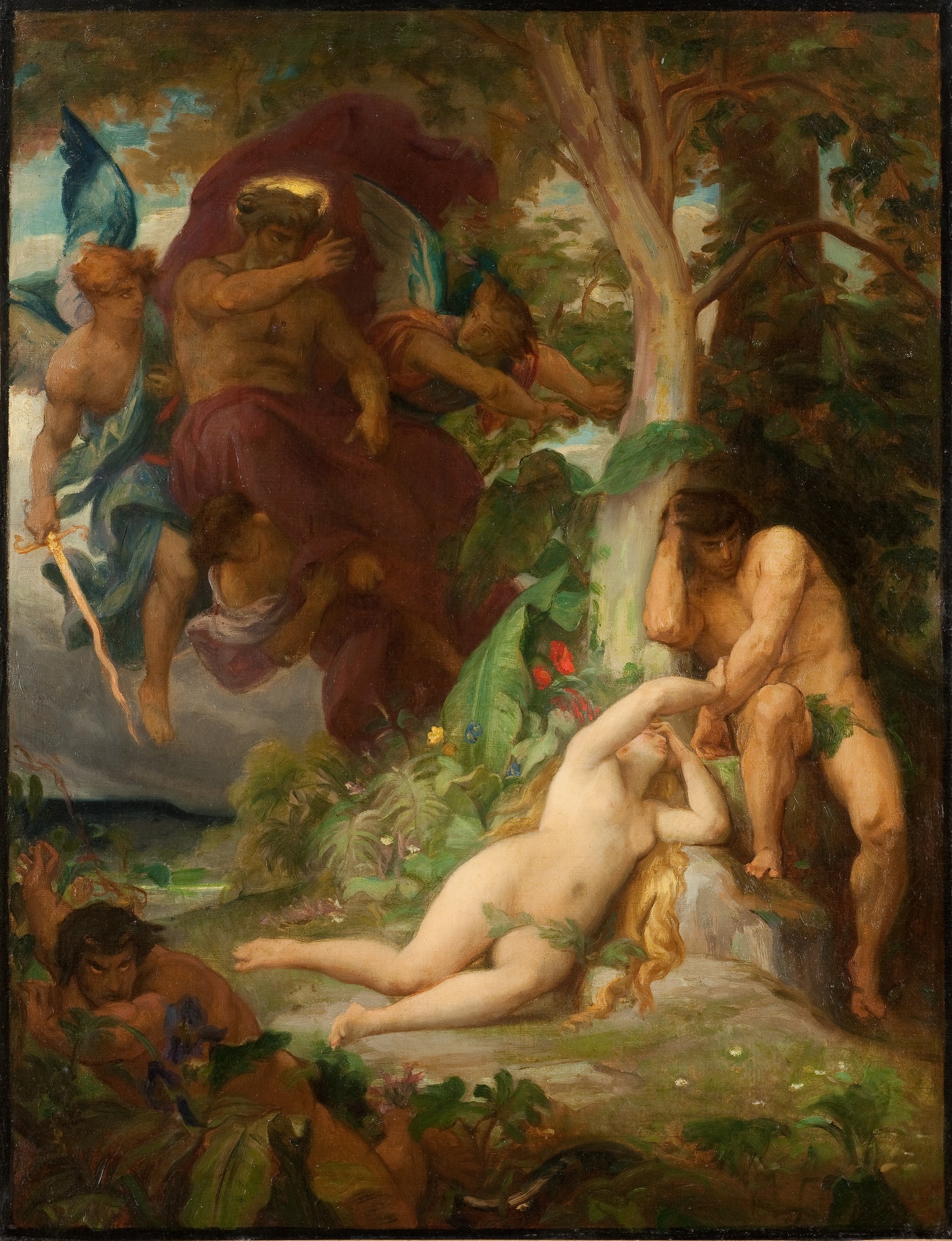 L'image représente une scène mythologique ou allégorique, où des figures célestes et humaines interagissent dans un paysage luxuriant. Au premier plan, une figure féminine nue est allongée sur le sol, entourée de plantes et de fleurs. À l'arrière-plan, des créatures ailées, probablement des anges ou des divinités, sont visibles, apportant une ambiance divine à la scène. Les couleurs sont riches et vibrantes, créant une atmosphère à la fois paisible et dramatique, caractéristique de l'art romantique.