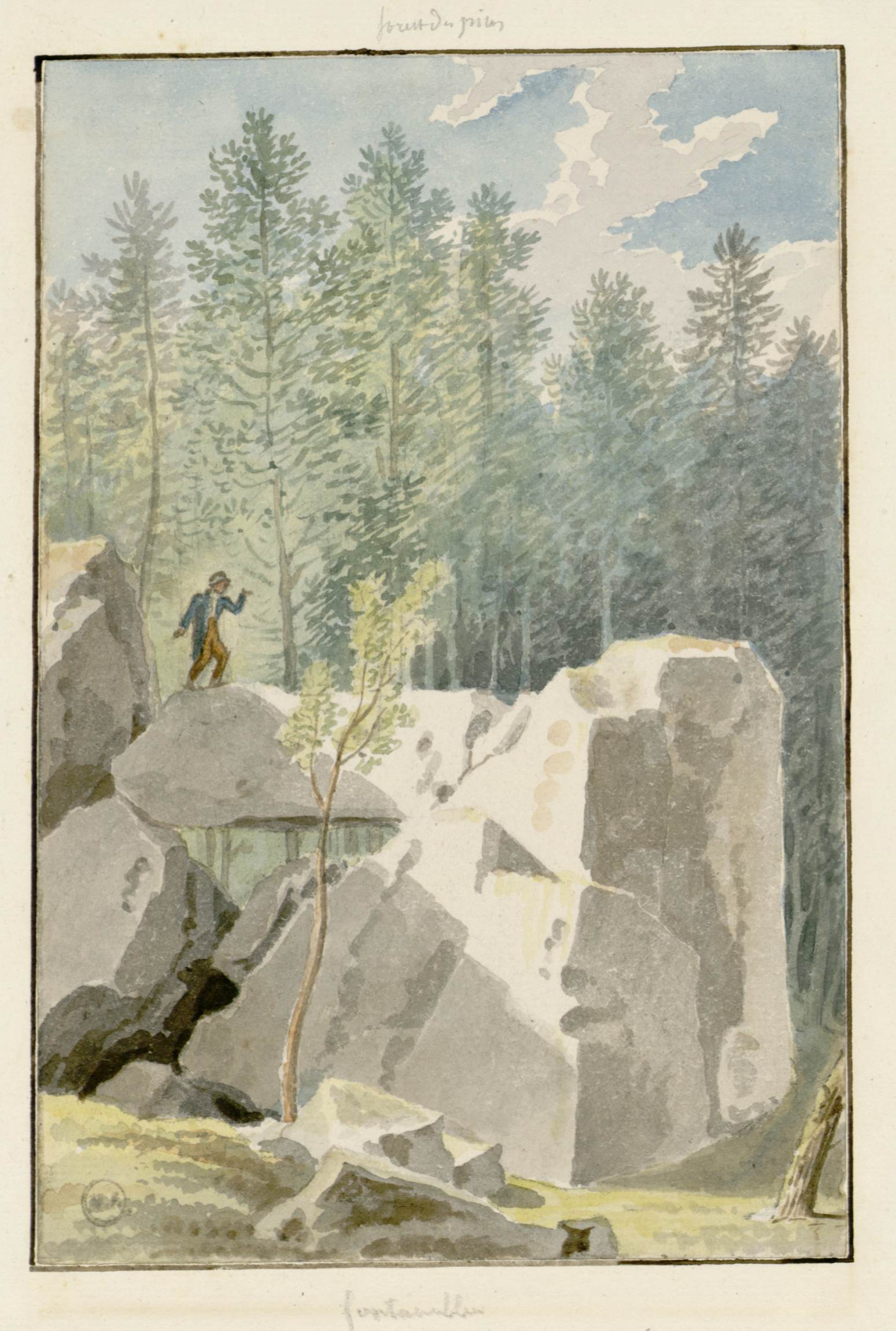 L'image représente un paysage naturel avec des rochers imposants et des arbres élancés en arrière-plan. Un homme est debout sur un grand rocher, semblant contempler son environnement. Le ciel est partiellement nuageux, et des nuances douces de bleu et de vert dominent la scène, créant une atmosphère tranquille et en harmonie avec la nature. Le style aquarelle donne une impression de légèreté et de fluidité.