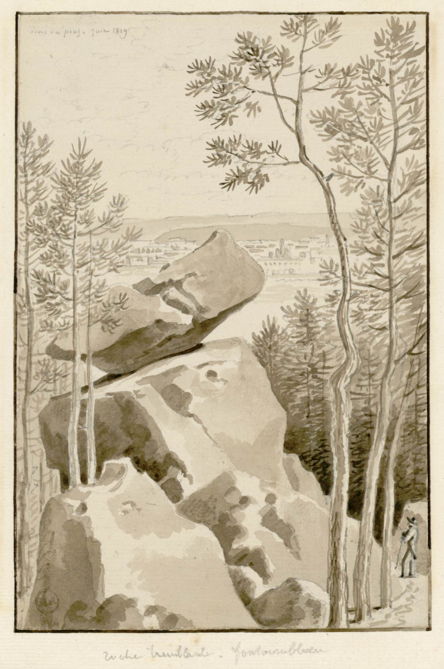 L'image représente un paysage naturel avec des rochers imposants au premier plan, surmontés d'un arbre. À l'arrière-plan, on aperçoit une vue panoramique d'une ville, probablement située dans une vallée. Un personnage, sans détails distinctifs, est placé à droite, semblant observer le paysage. L'ensemble est dessiné dans des tons de brun et de gris, ce qui donne une atmosphère calme et mélancolique à la scène. Les détails des arbres et des rochers ajoutent une touche de réalisme à la composition.