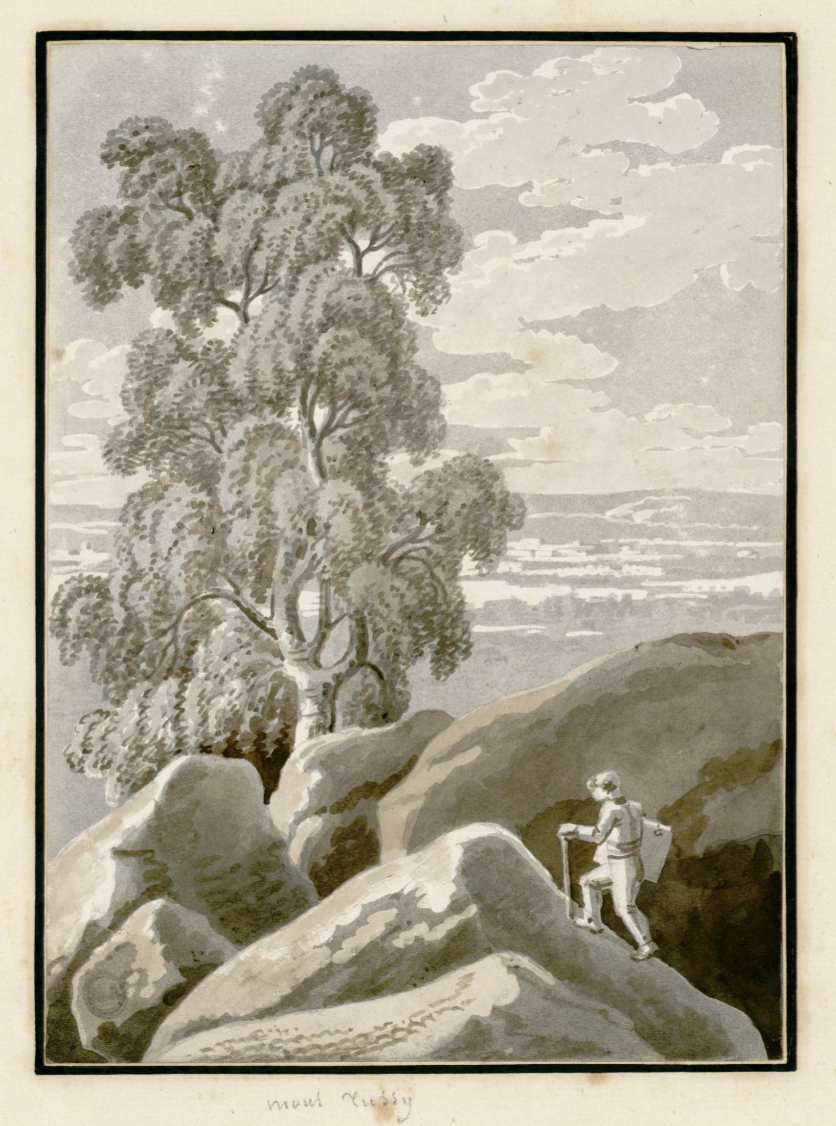 L'image représente un paysage montagneux, où un randonneur ascensionne des rochers. Au premier plan, des formations rocheuses imposantes entourent le randonneur, qui porte un bâton de marche et un sac à dos. À l'arrière-plan, un arbre majestueux se détache, avec des feuillages détaillés. Le ciel est vaste et parsemé de nuages, créant une atmosphère paisible. L'ensemble de la scène transmet une sensation d'aventure et de connexion avec la nature.