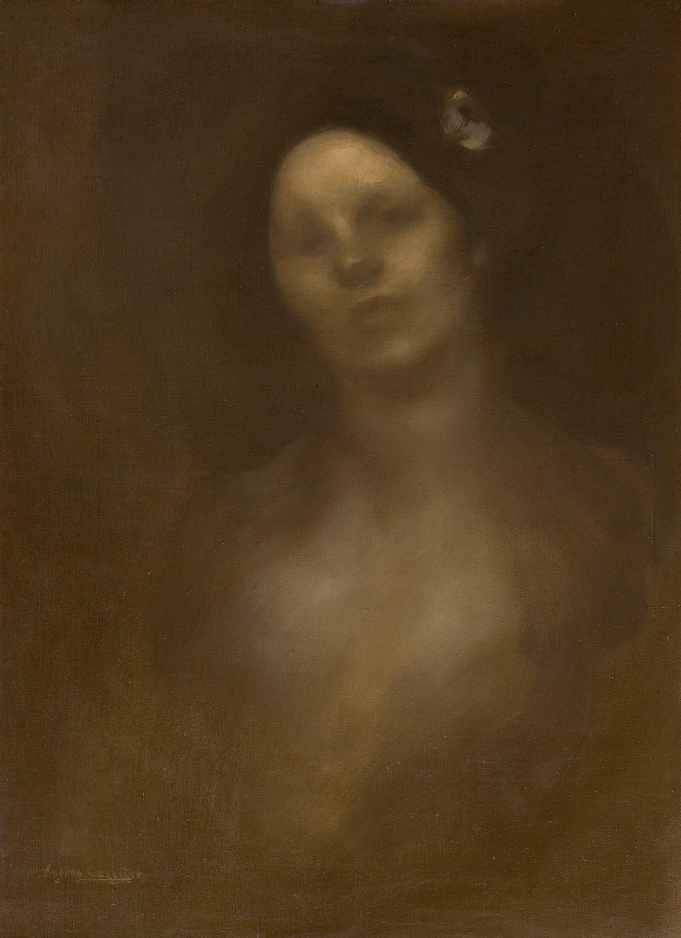 Cette image représente un portrait d'une femme dont les contours sont flous et indistincts, créant une atmosphère dreamlike. L'utilisation de couleurs sombres et de nuances de brun donne un effet de profondeur et de mystère. Le visage de la femme semble se fondre dans le fond, ce qui attire l'œil vers son expression énigmatique. Les détails sont minimaux, accentuant la mélancolie et l'introspection de la figure.