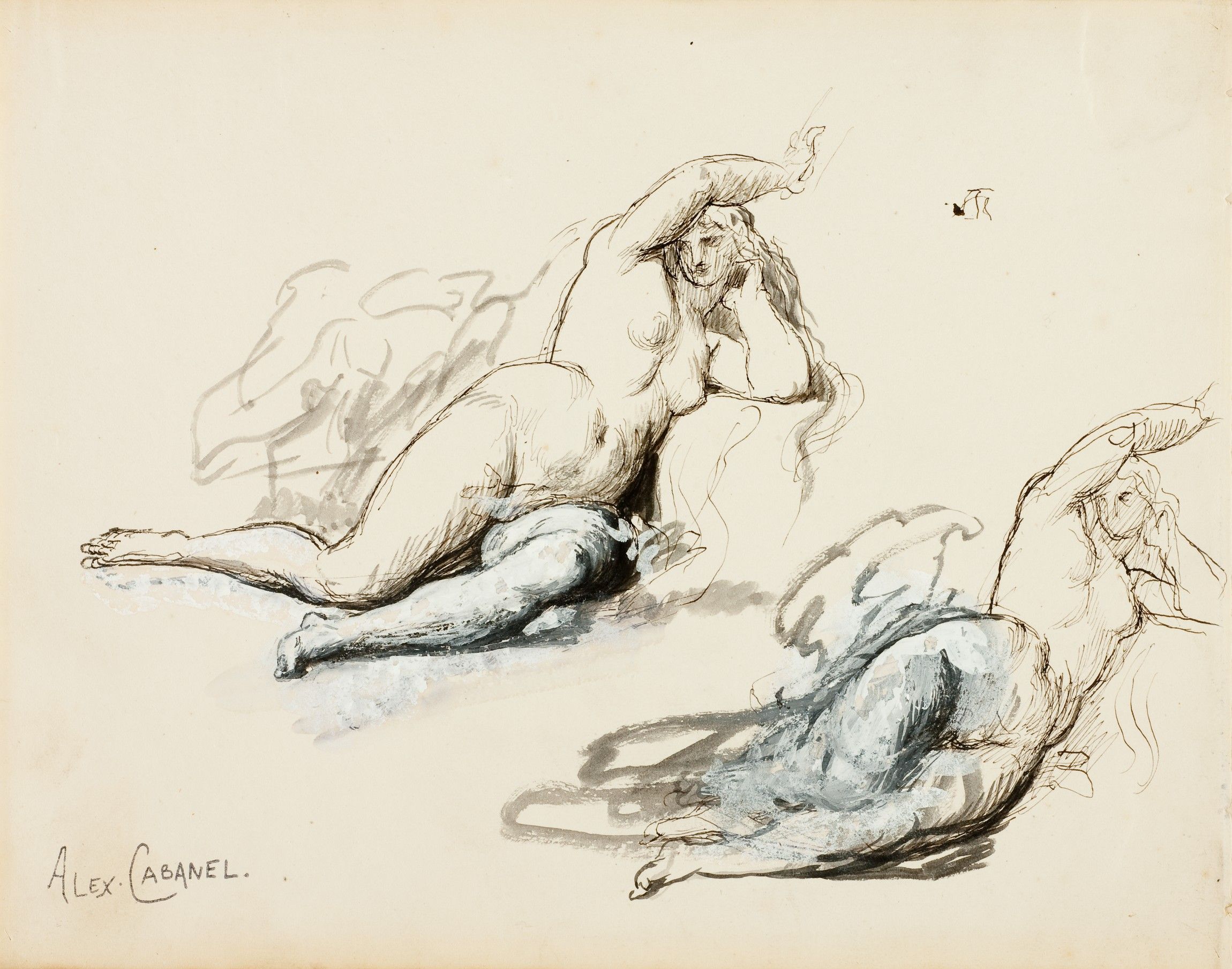 L'image représente un dessin d'Alex Cabanel, mettant en scène deux figures féminines nues. Les femmes sont couchées, chacune adoptant une pose différente. Les contours sont esquissés avec des traits fluides, tandis que des touches de couleur ajoutent de la dimension à leur corps. Il y a une douceur et une élégance dans la façon dont les formes sont rendues, ce qui témoigne du style artistique classique de Cabanel. Le fond est simple, permettant aux figures de se détacher clairement.