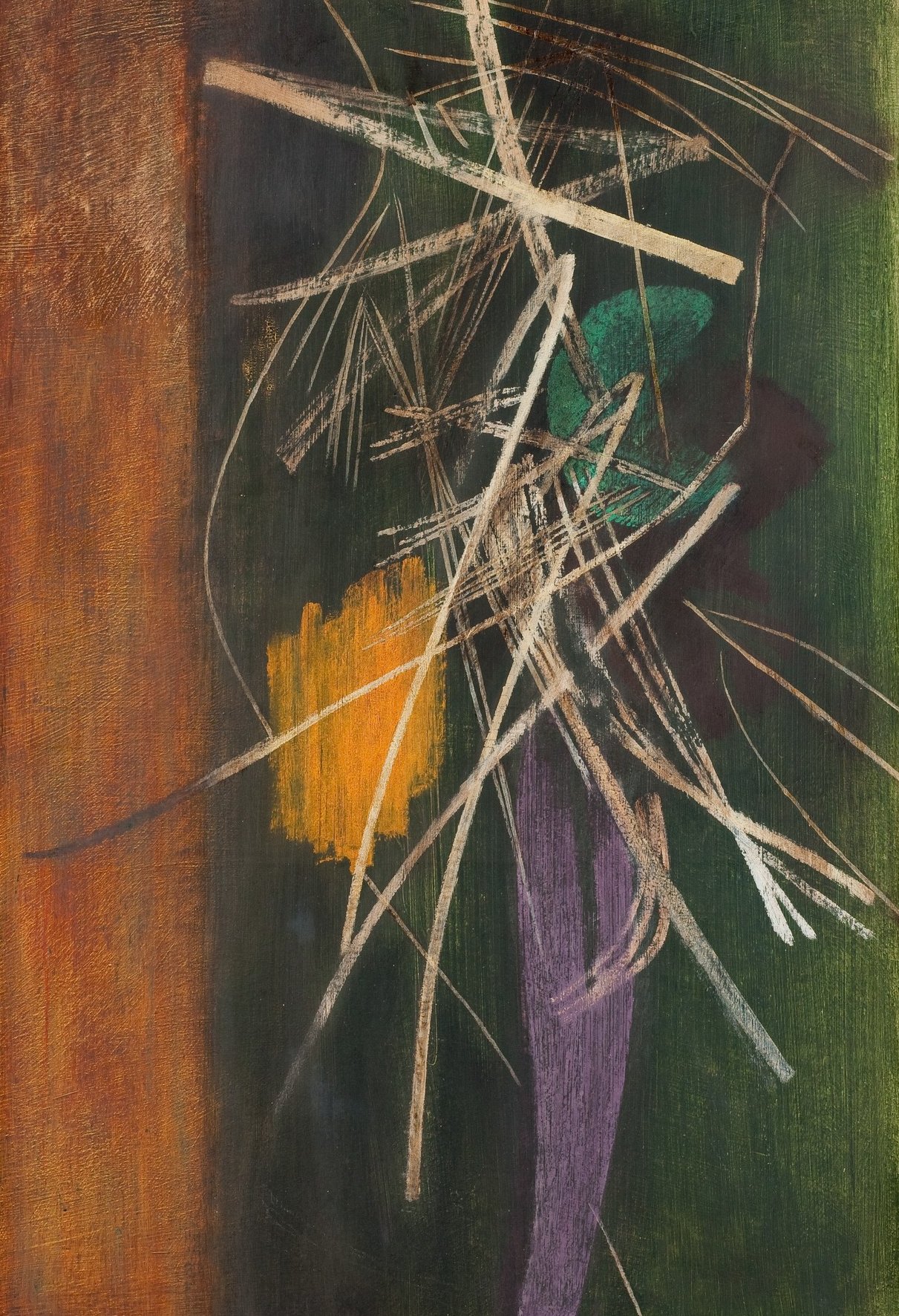 L'image montre une peinture abstraite avec des traits de pinceau dynamiques et des formes organiques. Les couleurs dominantes incluent des tons de vert, orange, marron et violet. Les lignes blanches et beiges s'entrelacent de manière complexe, créant un contraste avec le fond sombre. L'ensemble évoque une sensation de mouvement et d'énergie, typique de l'art abstrait.