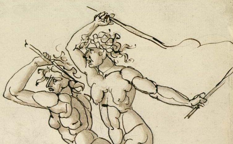 L'image représente deux figures humaines stylisées, dessinées de manière expressive. Les personnages, de posture dynamique, semblent se battre ou s'affronter, tenant des bâtons ou des armes à la main. Leur musculature est accentuée, mettant en avant la force et le mouvement. Les lignes sont fluides et les détails facialement simplistes, ce qui donne une impression dramatique et intense à la scène. Les cheveux des personnages sont également en mouvement, ajoutant à l'énergie de l'œuvre.