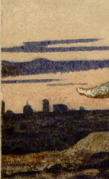 L'image montre un paysage avec un ciel où des nuages se mêlent à des teintes de bleu et de rose. À l'horizon, on peut apercevoir des silhouettes de bâtiments, peut-être des monuments ou des structures architecturales. Le premier plan présente des textures et des couleurs qui évoquent une vue naturelle, ajoutant une atmosphère sereine et contemplative à l'ensemble.