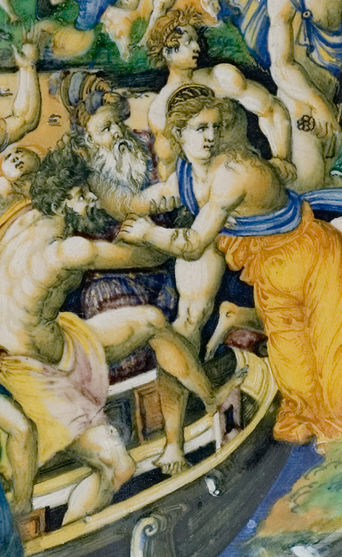 L'image représente une scène vibrante et colorée avec plusieurs personnages. On peut voir des figures humaines dans un bateau, où un homme barbu semble interagir avec un jeune personnage aux cheveux ondulés. Ce dernier est vêtu d'une tunique bleue et d'un drapé orange, tandis que les autres personnages au loin montrent des expressions variées. Le fond suggère un environnement naturel riche, peut-être en relation avec un événement mythologique ou narratif. Les détails sont minutieusement peints, mettant en avant les émotions et les postures des différents personnages.