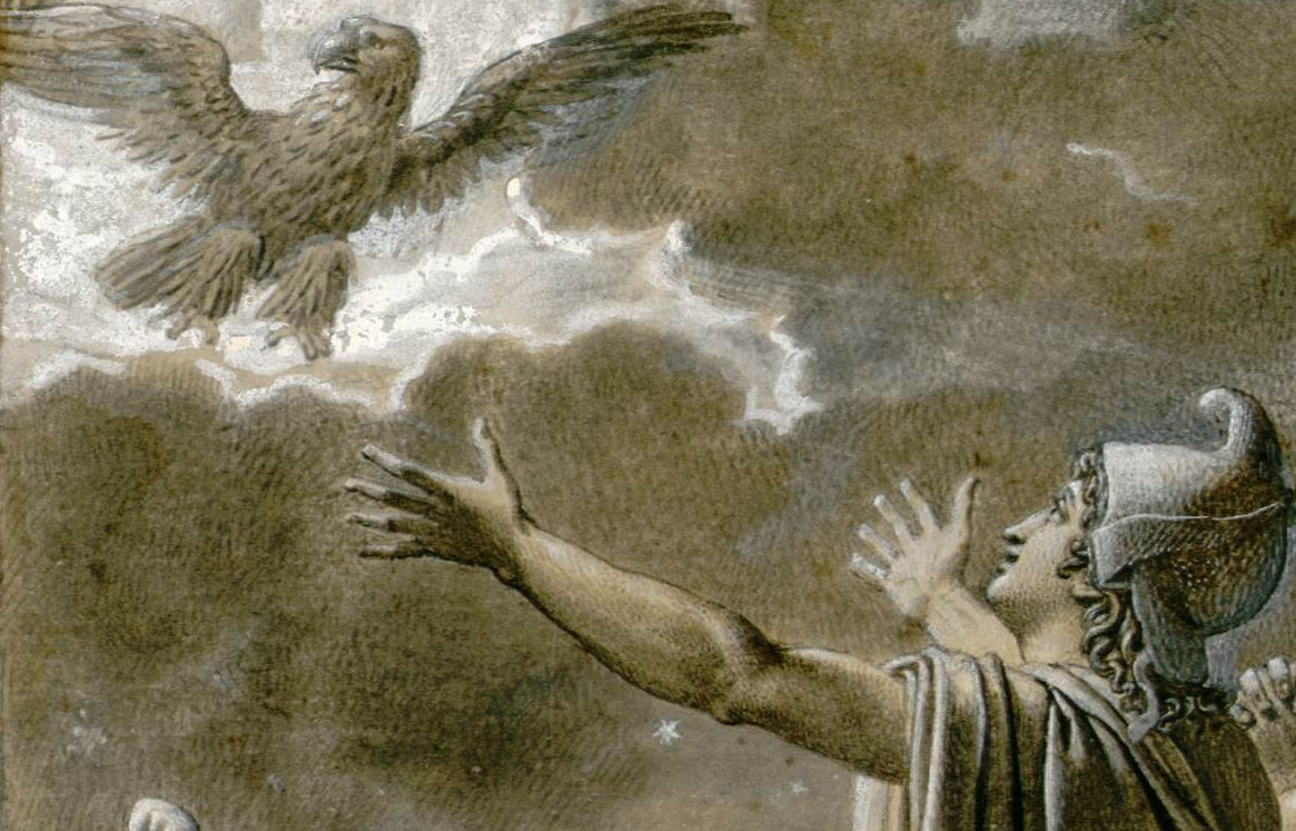 L'image représente une scène dramatique où un homme, vêtu d'une tunique et d'un casque, lève les bras vers le ciel. Au-dessus de lui, un aigle aux grandes ailes s'élève, semblant émerger des nuages. L'atmosphère est empreinte d'une certaine mystique, avec des nuances de gris et de lumière qui mettent en avant l'expression du protagoniste, qui semble à la fois captivé et en admiration devant cette apparition. Les détails évoquent une ambiance mythologique ou épique.