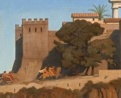 L'image représente un paysage stylisé avec une architecture ancienne. On peut voir un mur de pierre ou une fortification à gauche, symbolisant une ville ou une citadelle. À l'arrière-plan, on aperçoit des bâtiments avec des toits en tuiles. Un groupe de cavaliers chevauche des chevaux le long d'un chemin à proximité d'un arbre verdoyant. L'ensemble de la scène dégage une atmosphère paisible et majestueuse, typique des œuvres d'art classiques.