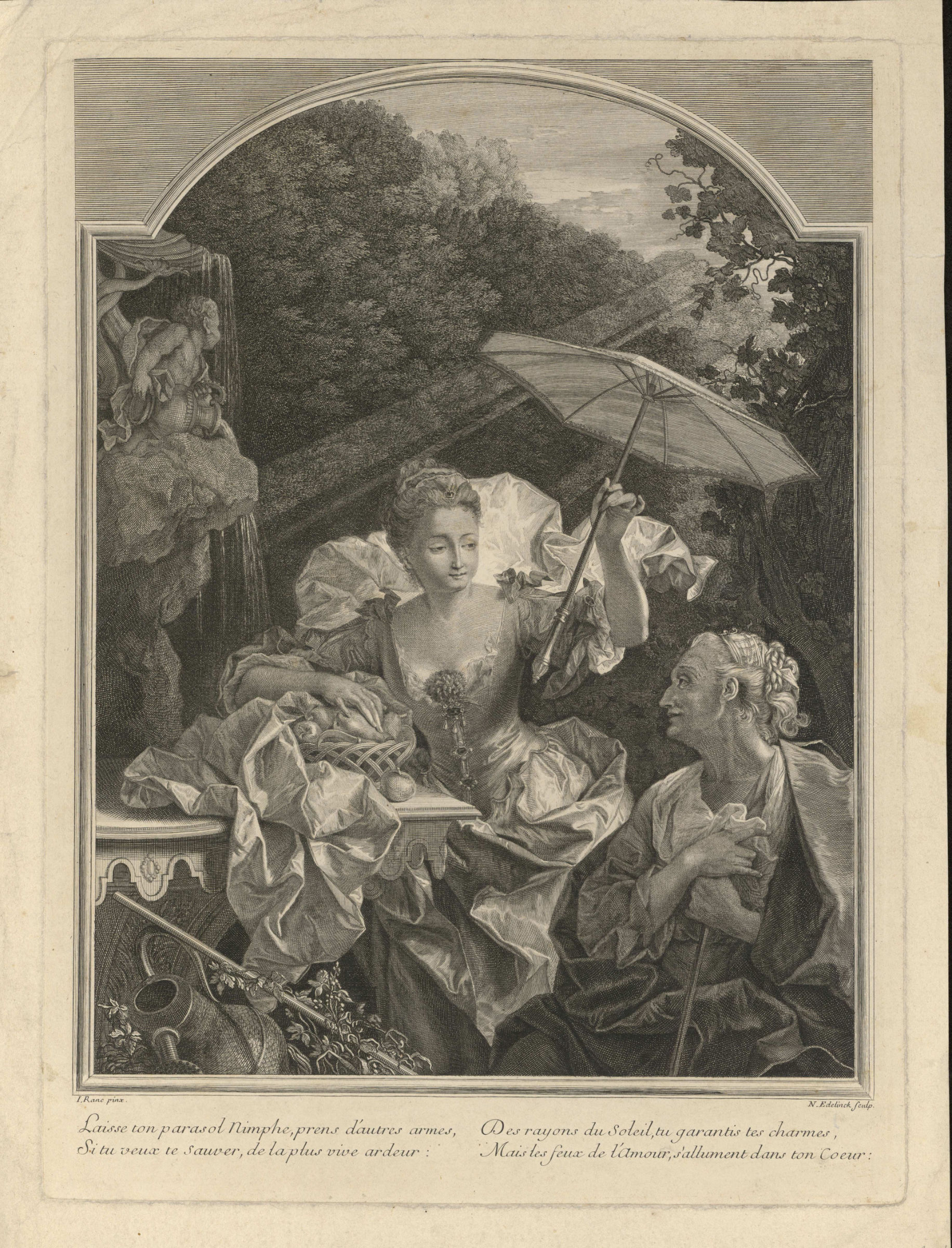 L'image montre une scène élégante où une femme, vêtue d'une robe magnifique et tenant un parasol, semble converser avec un homme. L'environnement est riche en détails, avec des éléments naturels comme des arbres et une cascade en arrière-plan, créant une atmosphère romantique. La femme dégage une certaine grâce, tandis que l'homme semble attentif à ses paroles. L'ensemble est empreint d'une ambiance de cour et de raffinement. Les textures des vêtements et les éléments décoratifs ajoutent à la beauté de la composition.
