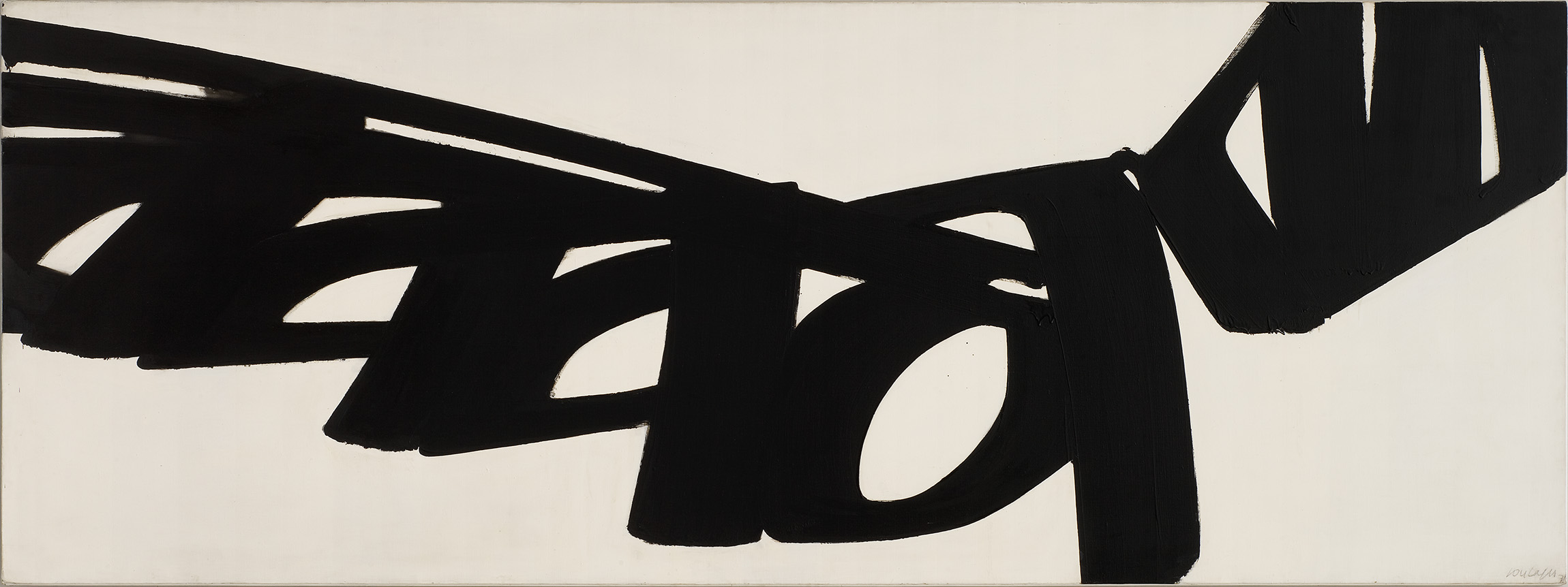 L'image représente une œuvre d'art abstraite dominée par des formes noires sur un fond blanc. Les lignes et les motifs sont fluides et dynamiques, créant un contraste saisissant entre la couleur noire et l'espace négatif du fond. Les éléments semblent s'étendre et se croiser, suggérant du mouvement et une certaine énergie. L'ensemble évoque une esthétique moderne, mettant en avant la simplicité des formes et l'impact visuel de la couleur.