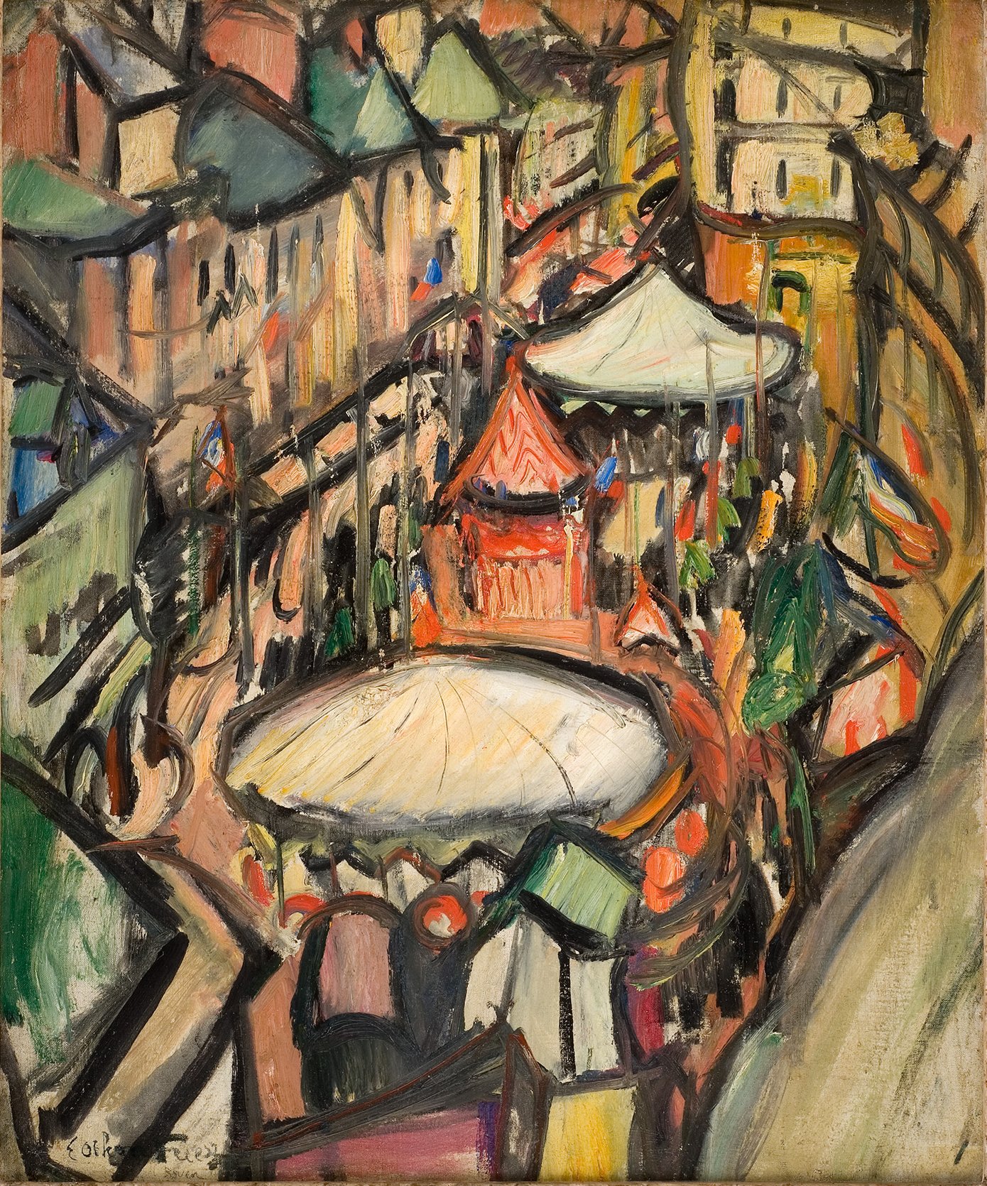 L'image représente une scène animée d'un marché ou d'une foire. On peut voir un espace central circulaire, probablement une scène ou un chapiteau, entouré de tentes colorées. Les bâtiments en arrière-plan ajoutent à l'atmosphère vibrante de l'événement. Les couleurs sont vives et les coups de pinceau sont dynamiques, créant une impression de mouvement et de vie. On ressent une ambiance festive, avec des personnes se déplaçant autour de cet espace central.