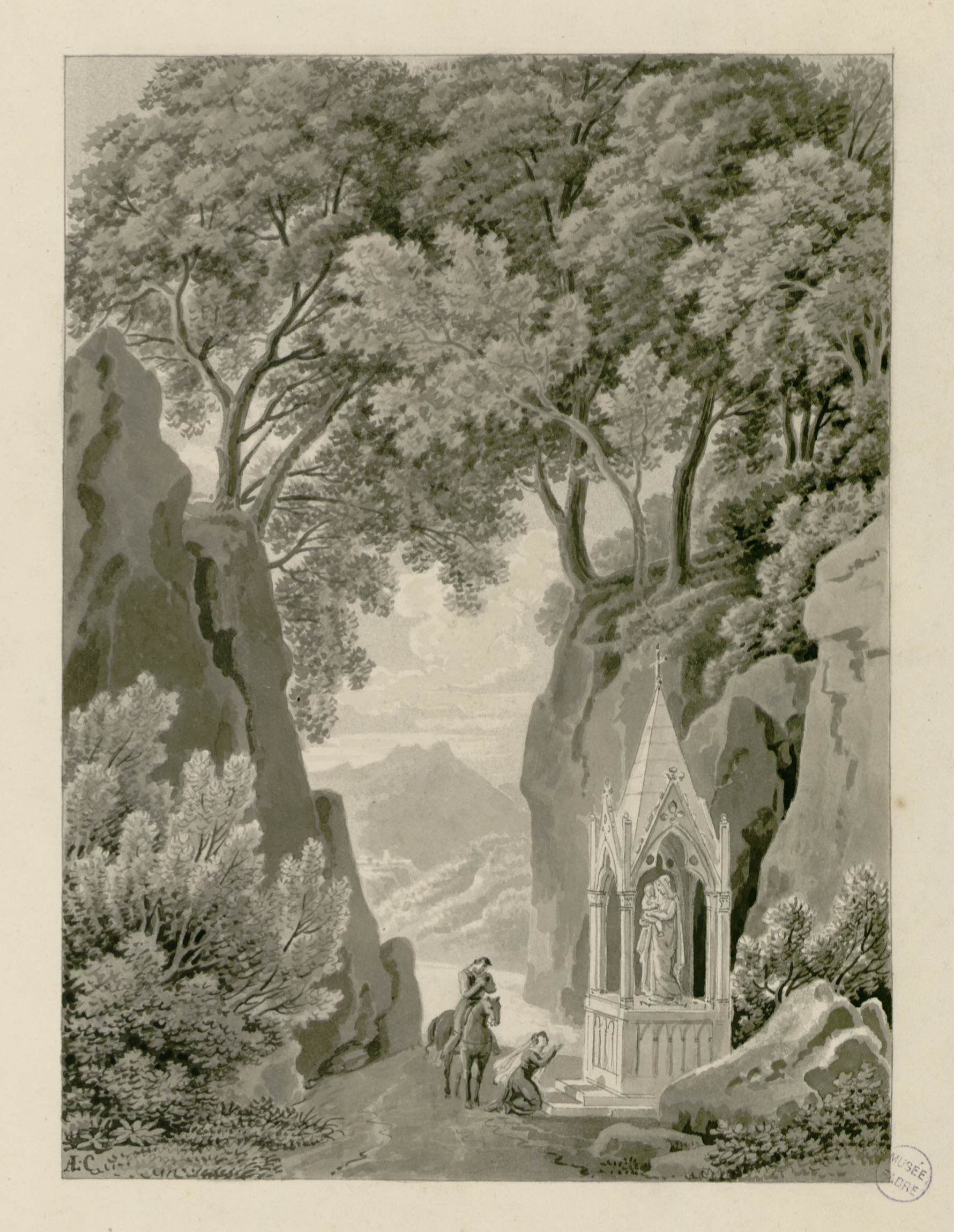 L'image représente un paysage naturel avec des montagnes en arrière-plan, encadré par des arbres majestueux. Au premier plan, on peut voir une petite chapelle ou un sanctuaire sculpté, abritant une statue, probablement d'une figure religieuse. Deux personnages sont accroupis devant le sanctuaire, exprimant un geste de dévotion ou d'admiration. Les murs escarpés qui entourent la scène ajoutent une dimension dramatique au cadre, créant une atmosphère sereine et contemplative. L'illustration utilise une palette de gris, mettant en valeur les détails des feuillages et des rochers.