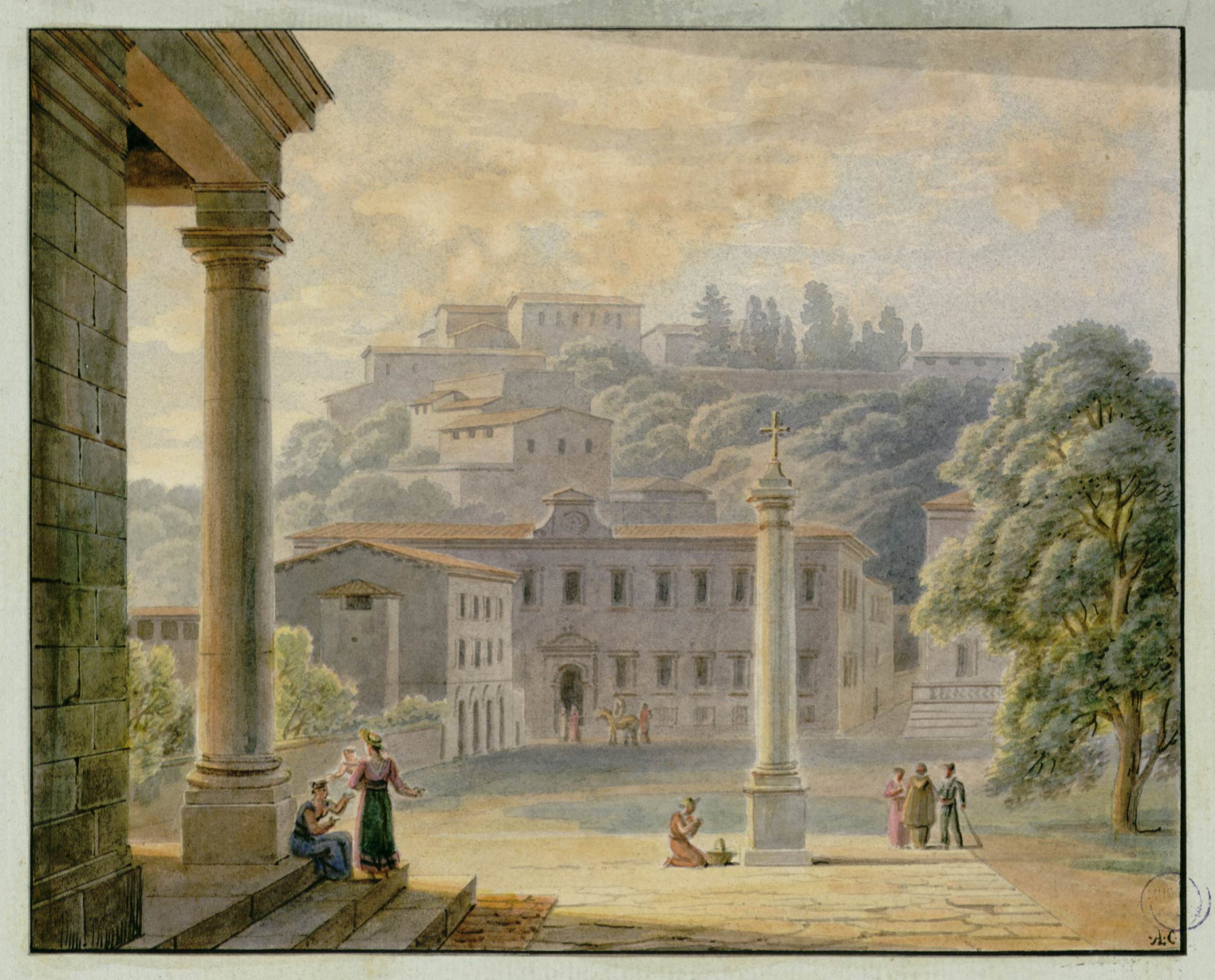 L'image présente un paysage architectural harmonieux, avec des bâtiments classiques aux lignes élégantes. Au premier plan, on peut voir des colonnes majestueuses et quelques figures humaines, peut-être engagées dans des activités quotidiennes. En arrière-plan, des collines accueillent des structures plus petites, ajoutant de la profondeur à la composition. Le ciel est légèrement nuageux, illuminé par une douce lumière, créant une atmosphère paisible et nostalgique. Des arbres verdoyants et une colonne décorative apportent encore plus de charme à cette scène.