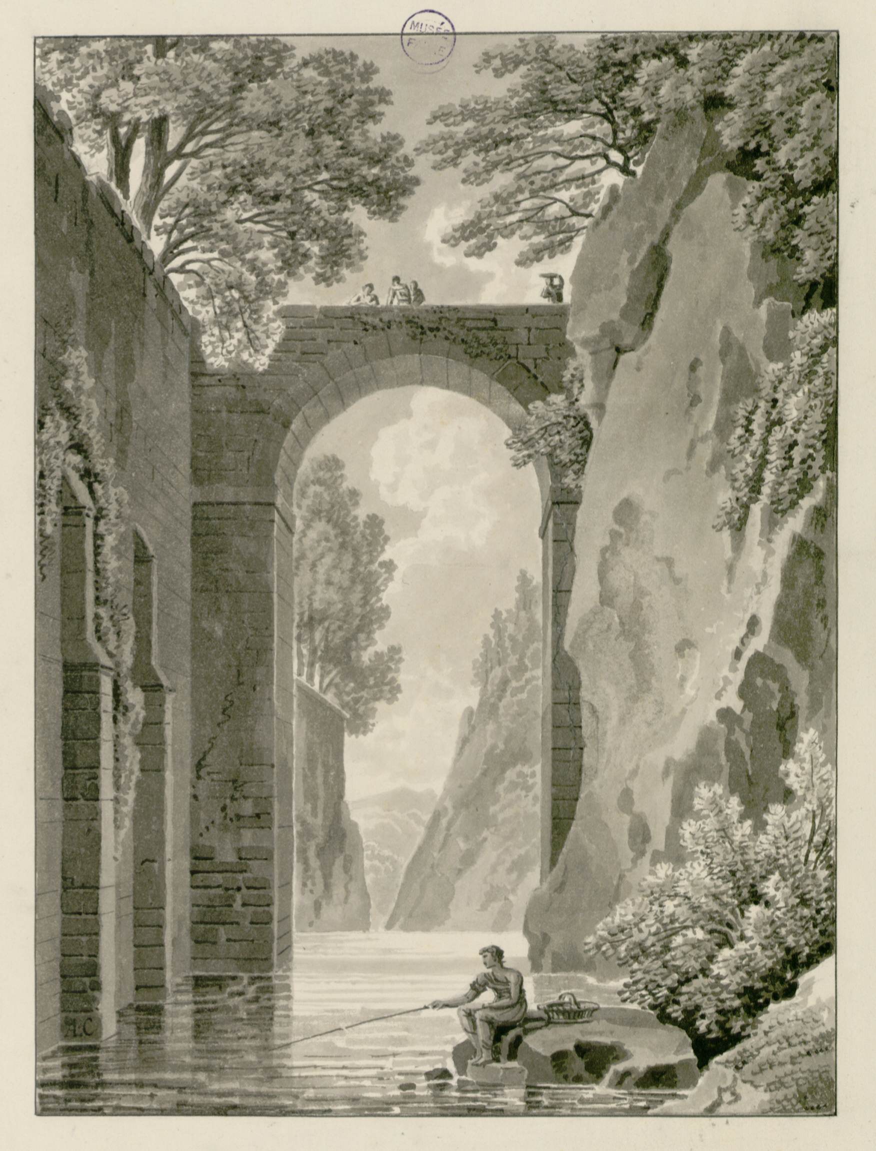 Cette image représente un paysage naturel avec un grand arc en pierre qui enjambe une rivière ou un cours d'eau. Sur le pont, on peut voir des figures humaines, probablement des personnes assises ou en train d'observer le paysage. En bas, un homme est assis au bord de l'eau, tenant une canne à pêche. Les flancs de la rivière sont entourés de rochers élevés et de végétation, créant une atmosphère paisible et presque majestueuse. La scène est détaillée et présente un contraste entre les éléments naturels et les structures humaines.