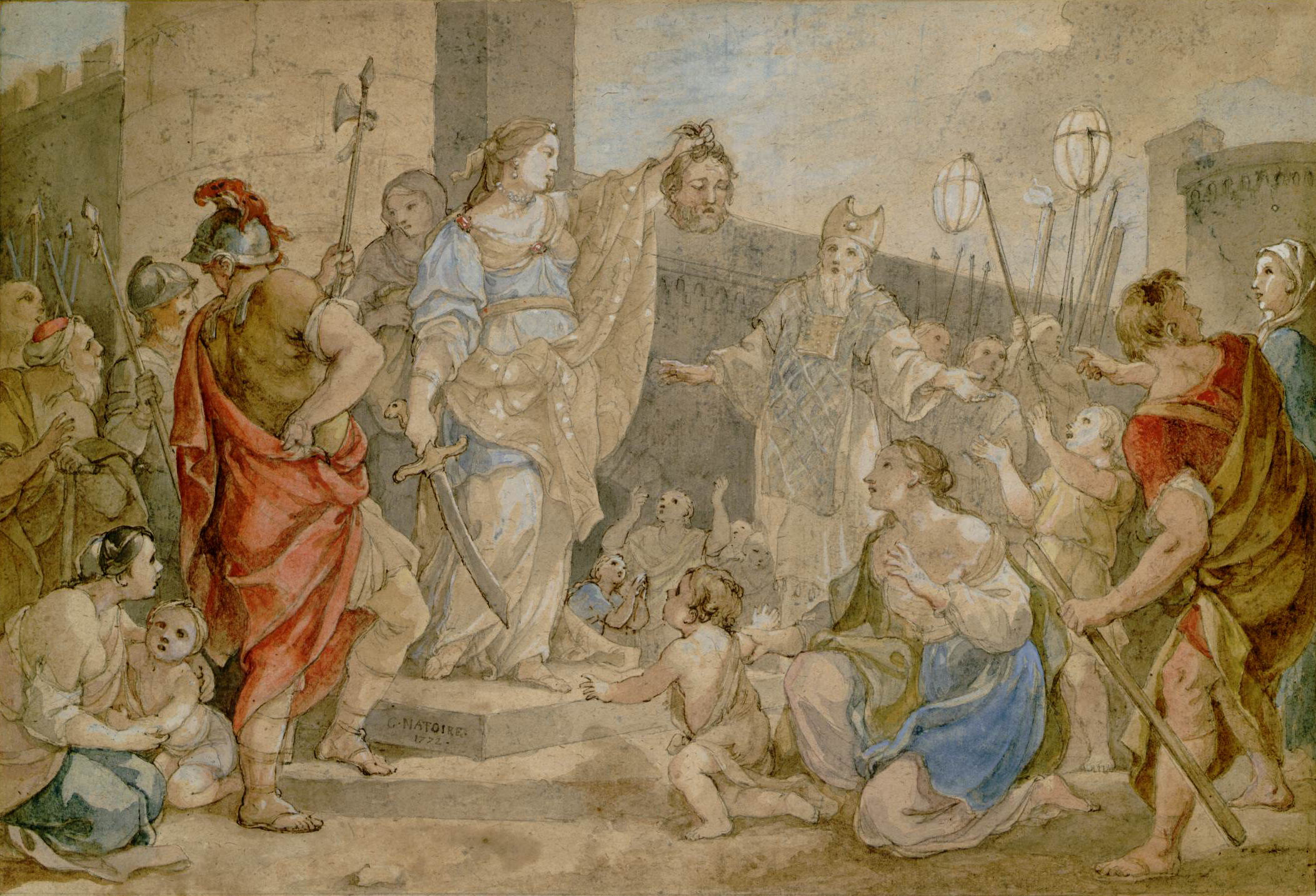 L'image montre une scène historique ou mythologique, probablement inspirée par des événements de l'Antiquité. Au centre, une figure féminine, souvent interprétée comme une représentation de la justice ou de la sagesse, se tient debout, tenant une épée et une balance. À ses pieds, une autre figure semble tenir une tête décapitée, ce qui pourrait faire référence à une victoire ou à un jugement. Autour d'eux, plusieurs personnages assistent à la scène, incluant des soldats et des figures de la foule qui réagissent de différentes manières. Parmi eux, des enfants et des femmes ajoutent une dimension humaine à la composition. L'ensemble est peint avec un style délicat et des couleurs pastel, créant une atmosphère à la fois dramatique et contemplative.