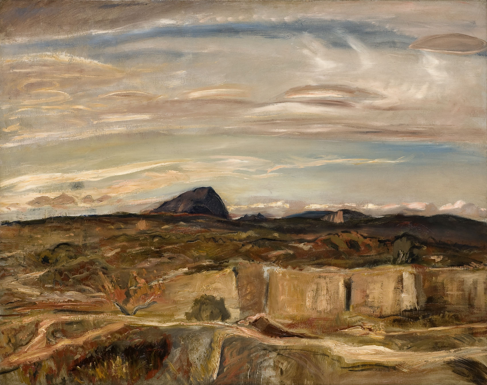 Cette image représente un paysage panoramique marqué par des couleurs chaudes et des textures fluides. On voit des collines ondulantes et un sommet de montagne distinctive à l'horizon. Le ciel est vaste, avec des nuages qui s'étendent, offrant une atmosphère changeante, presque dramatique. Les teintes terreuses du sol et les nuances du ciel créent une harmonie visuelle. L'ensemble donne une impression de calme et de sérénité au sein de la nature.