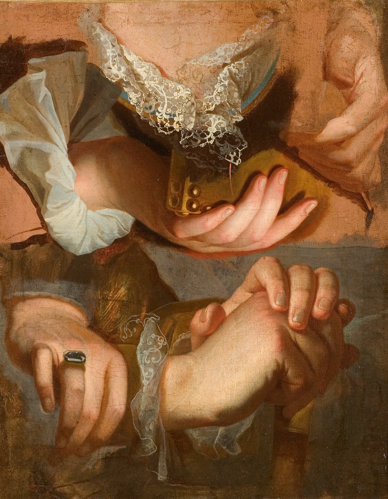 L'image représente plusieurs mains, illustrant un jeu de textures et de détails. On peut voir des mains de différentes tailles et formes, ornées de vêtements aux tissus délicats, comme de la dentelle. Les mains semblent interagir, transmettant une sensation de mouvement et d'émotion. Les couleurs sont douces, avec des tons chauds qui créent une atmosphère intime et sensuelle. L'ensemble de la composition met en avant l'habileté technique de l'artiste dans le rendu des mains et des tissus.