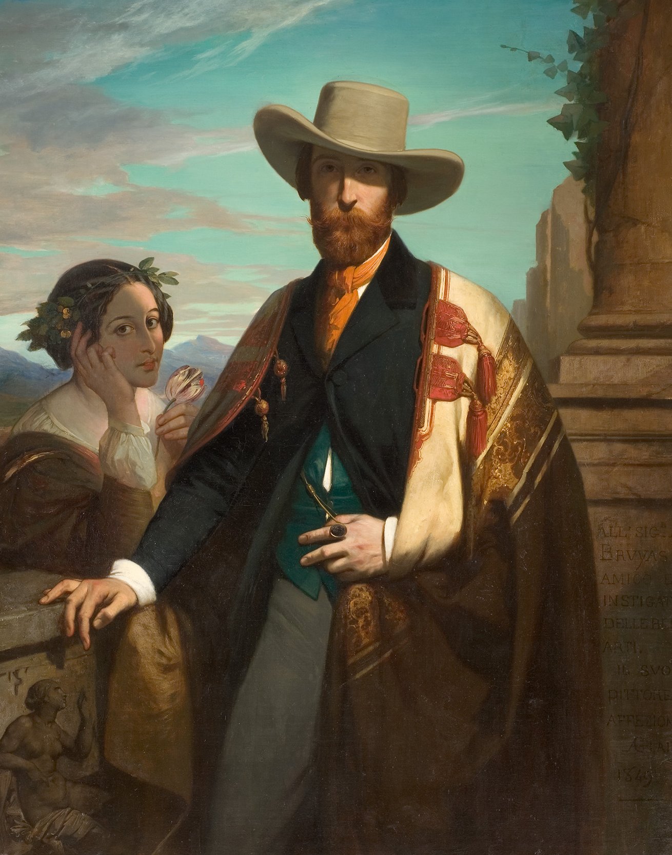 L'image représente un homme et une femme dans un cadre romantique. L'homme, portant un grand chapeau et vêtu d'une cape, a une barbe et une expression fière. La femme, qui se tient près de lui, a une pose douce et son regard est tourné vers lui. Elle porte une couronne de fleurs et une robe élégante. L'arrière-plan montre un paysage aux teintes douces, avec des collines et un ciel dégagé. L'ensemble véhicule une ambiance de noblesse et d'intimité, typique de l'art du 19ème siècle.