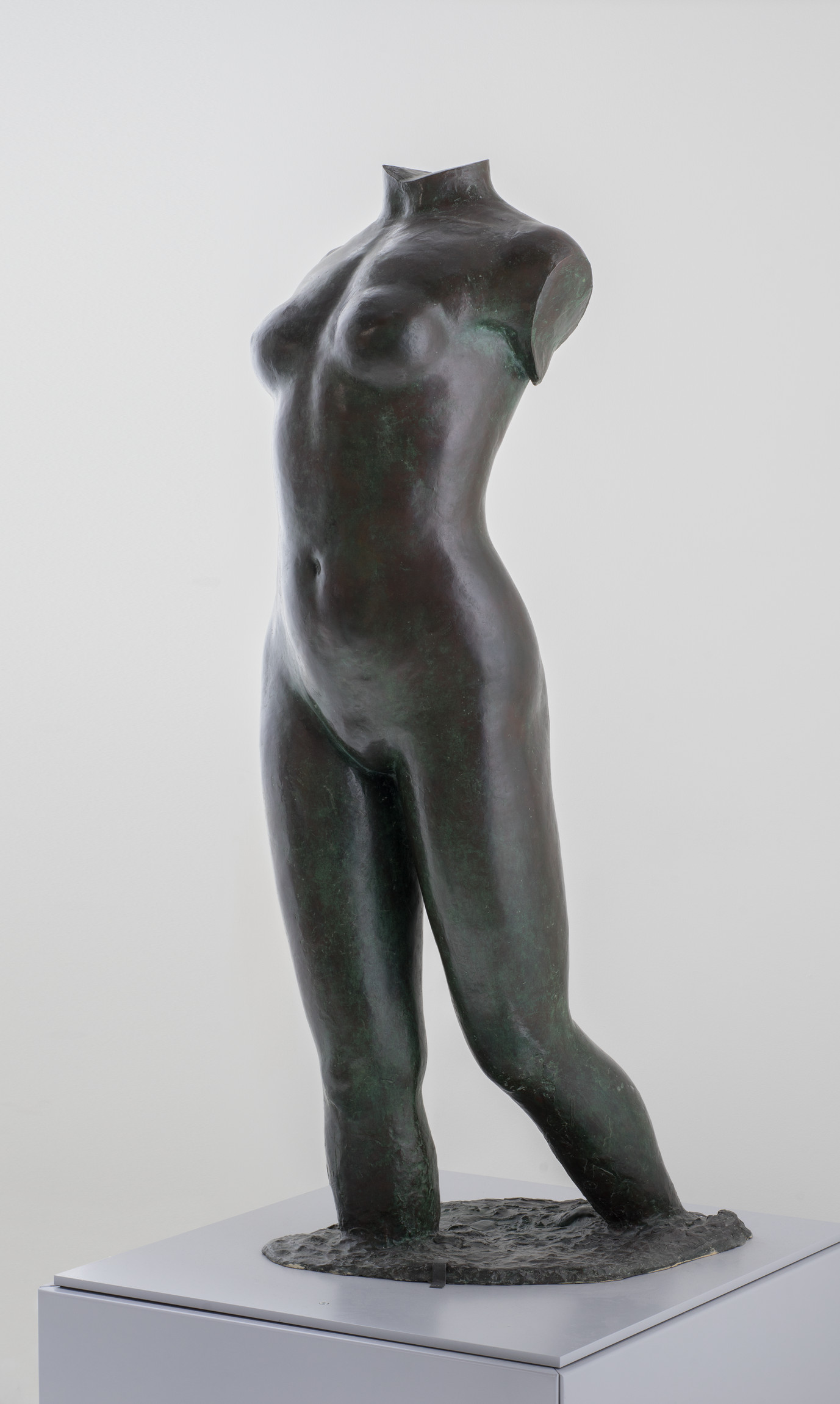 L'image montre une sculpture en bronze représentant un torse féminin nu. La sculpture est partiellement travaillée, présentant les contours harmonieux du corps, avec des détails subtils sur les formes. Elle est posée sur un socle, mettant en valeur sa silhouette élégante et gracieuse. La finition du bronze lui confère une teinte sombre et une texture lisse, accentuant la beauté de la forme humaine.