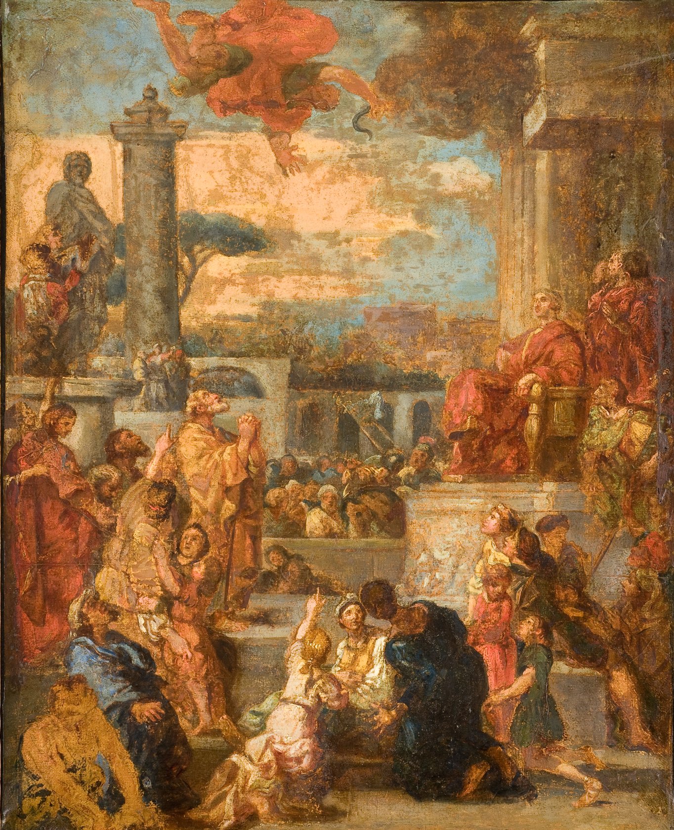 L'image représente une scène dramatique et riche en détails, avec une multitude de personnages rassemblés, certains regardant vers le ciel. Au centre, une figure majestueuse semble être en train de prononcer un discours ou de délivrer un message. Des colonnes et des structures architecturales en arrière-plan ajoutent à l'ampleur de la scène. Les personnages affichent une variété d'expressions, allant de la curiosité à l'admiration. Les couleurs sont chaudes et les coups de pinceau expriment un certain mouvement, créant une atmosphère dynamique.