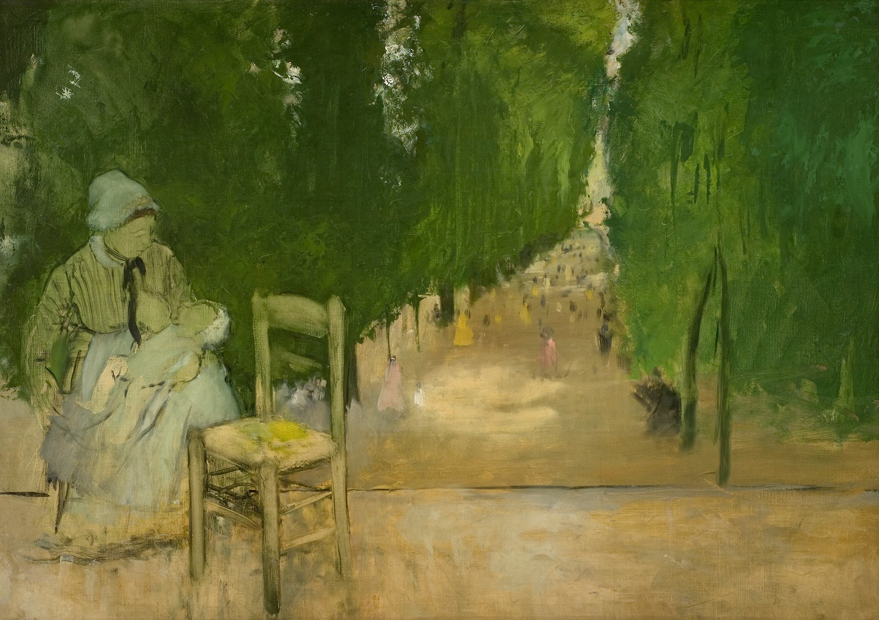 Cette image représente une scène peinte d'un jardin ou d'un parc, où l'on aperçoit une femme assise sur une chaise. Elle semble s'occuper d'un enfant dans ses bras. En arrière-plan, des arbres verdoyants encadrent un sentier, et on peut distinguer des silhouettes floues de personnes se promenant. L'ambiance générale est douce et paisible, avec des touches de vert et des couleurs pastel qui créent une atmosphère atmosphérique.