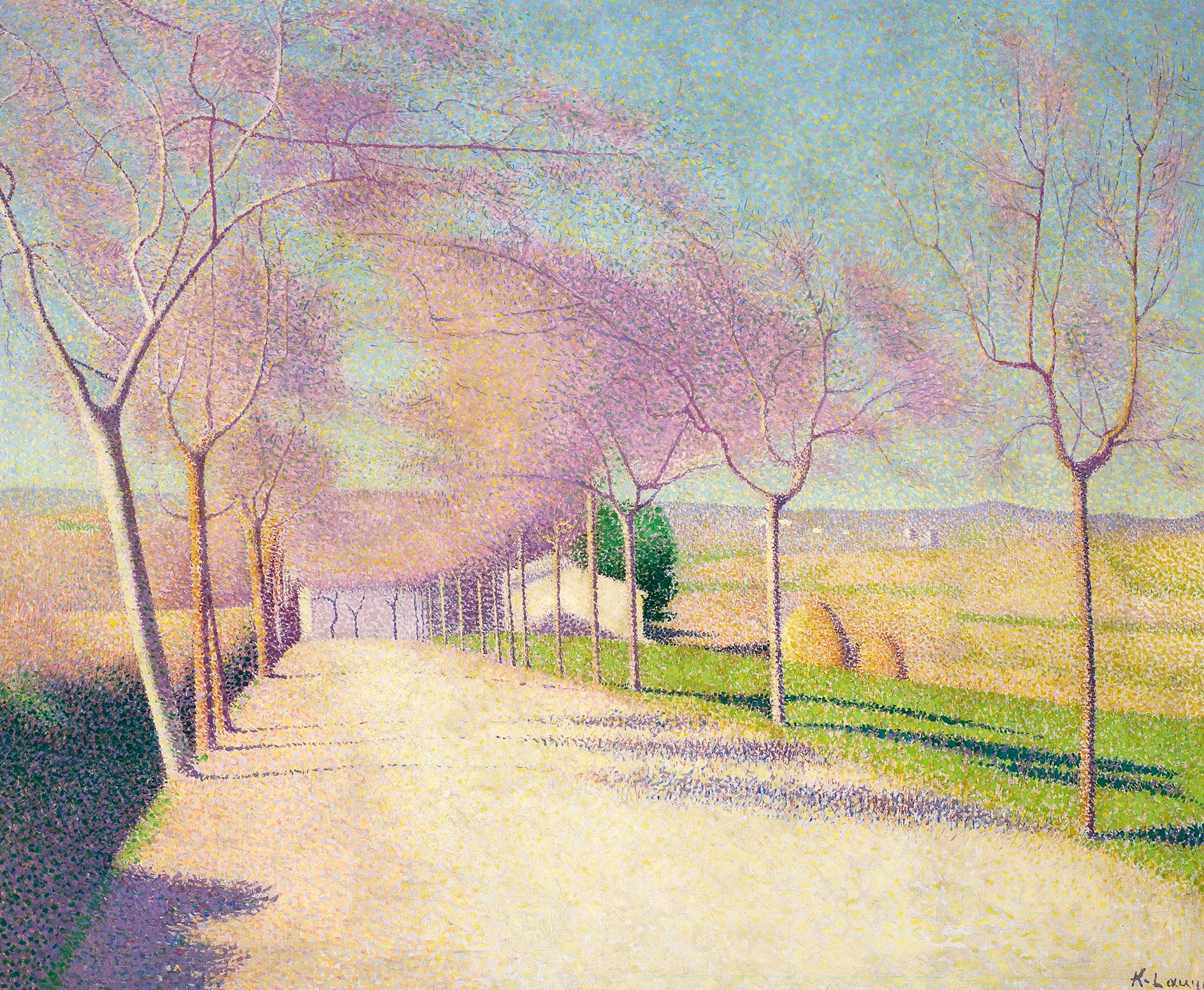 L'image représente une scène paisible d'un chemin bordé d'arbres, probablement en milieu rural. Les arbres, aux formes délicates, semblent dépouillés, et les couleurs utilisées évoquent une ambiance lumineuse et douce. Le chemin, qui semble bien entretenu, mène à un paysage dégagé avec des champs et des collines en arrière-plan. On peut aussi apercevoir des meules de foin, ajoutant une touche bucolique à la composition. L'ensemble dégage une atmosphère tranquille, empreinte de sérénité et de beauté naturelle.