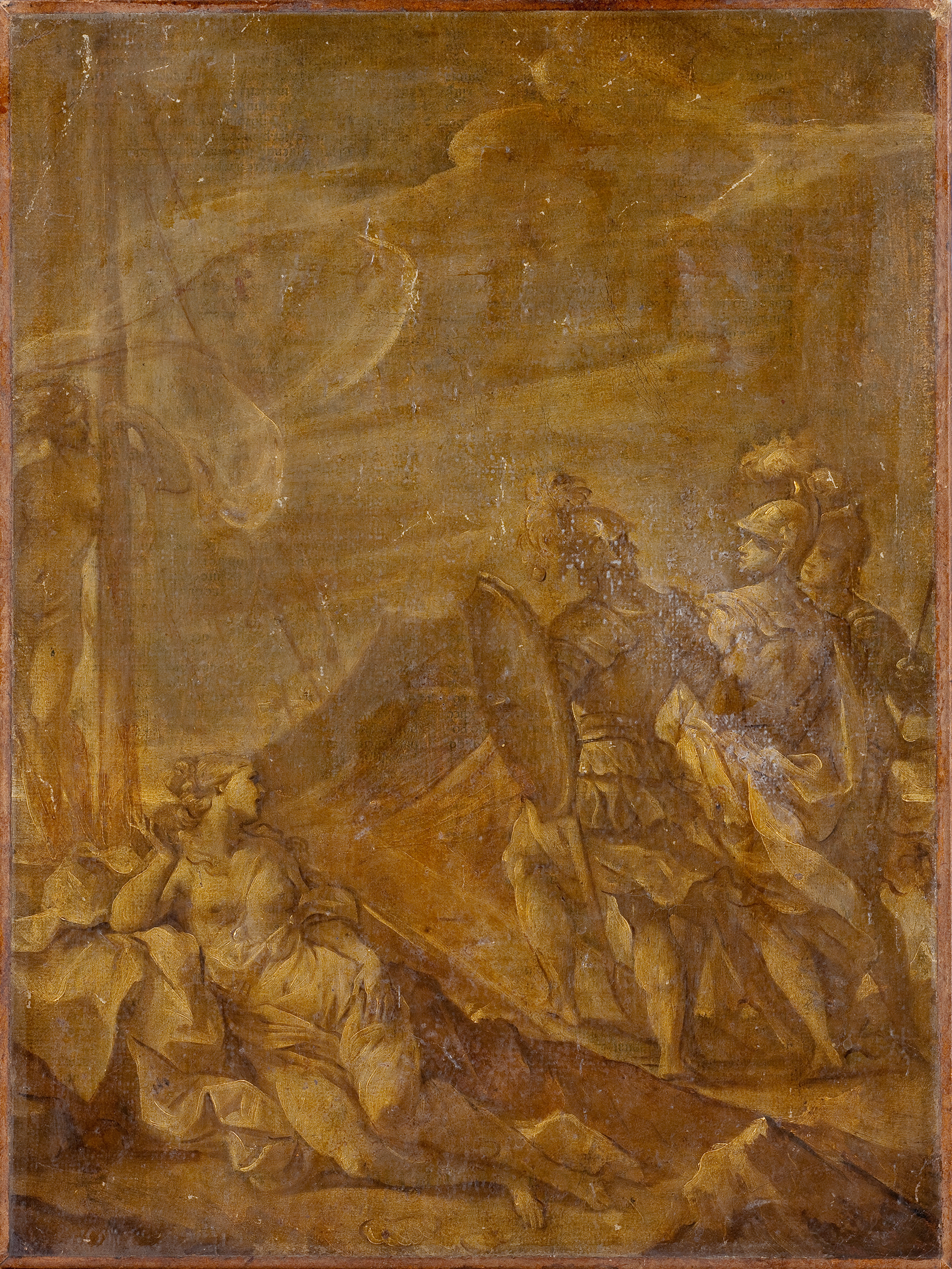 L'image représente une scène artistique avec plusieurs figures humaines dans une composition allusive. On peut voir une femme à gauche, assise, entourée de draperies, ainsi que des figures guerrières à droite, équipées de boucliers et d'armures. Le fond est marqué par des nuages et une lumière qui semble provenir d'une source floue, créant une atmosphère dramatique et mystique. L'ensemble de la peinture utilise des tons chauds et terreux, donnant une impression d'authenticité et de profondeur historique.