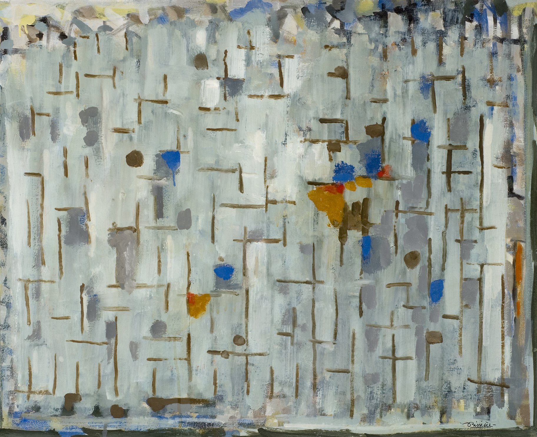 L'image présente une œuvre abstraite dominée par des teintes de bleu, de gris et de beige. On peut observer des formes géométriques et des lignes qui s'entrecroisent, créant une impression de texture et de profondeur. Les touches de couleur vive, comme l'orange et le bleu, ajoutent des accents intéressants à la composition. L'ensemble donne une sensation de mouvement et d'harmonie visuelle, typique de l'art abstrait.