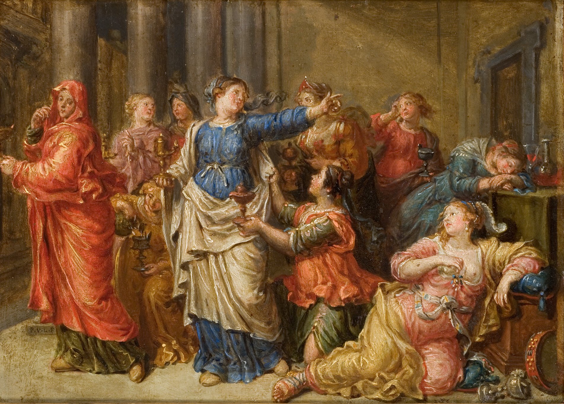 L'image représente une scène dramatique avec plusieurs personnages en costumes historiques, probablement dans un contexte mythologique ou religieux. Au centre, une femme vêtue d'une robe claire et d'une cape indique quelque chose avec assurance, tandis que d'autres personnages autour d'elle affichent différentes expressions et postures. Certains semblent intrigués, d'autres préoccupés ou distraits. L'éclairage et les couleurs donnent une atmosphère dynamique à cette composition, qui semble capturer un moment de tension ou de révélation. Les détails des vêtements et des accessoires ajoutent une richesse visuelle à la scène.